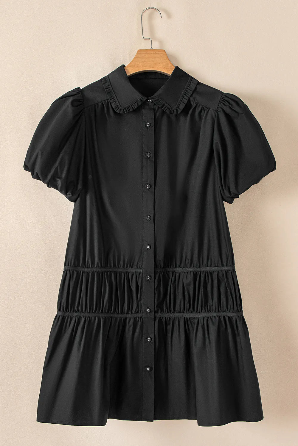 Button Down Puff Sleeve Ruffle Hem Dress - MAD RUFFI