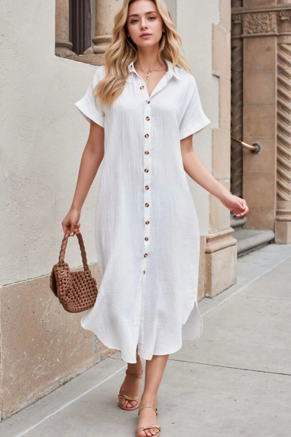 Button Down Short Sleeve Midi Shirt Dress - MAD RUFFI