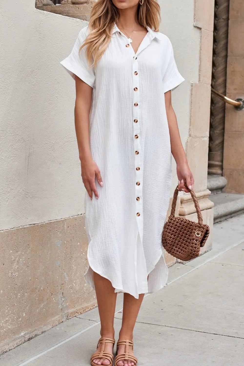 Button Down Short Sleeve Midi Shirt Dress - MAD RUFFI