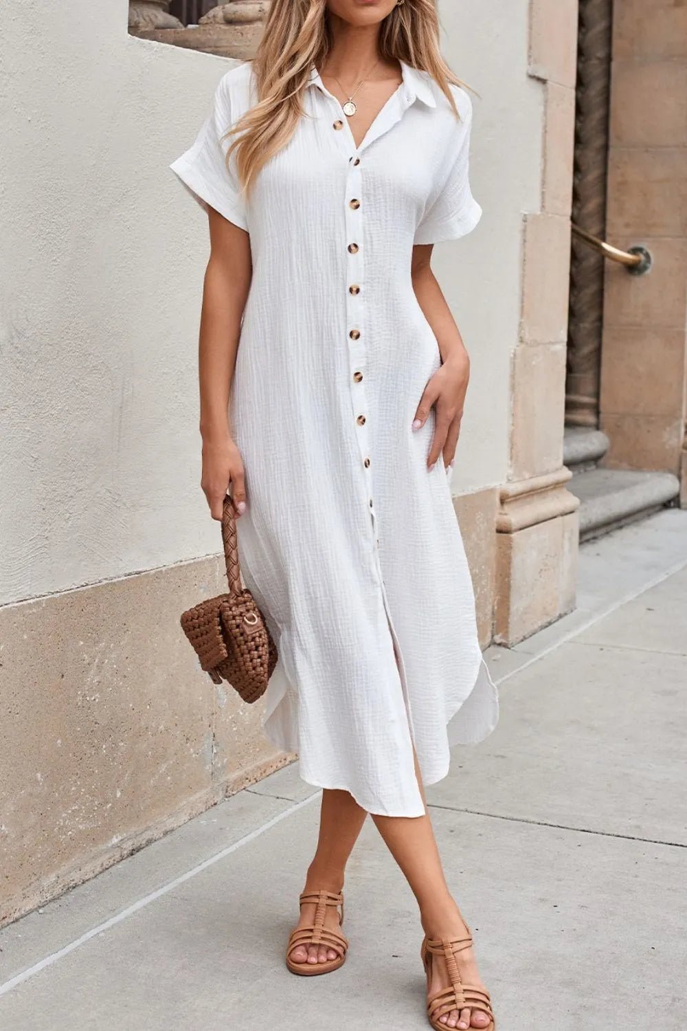 Button Down Short Sleeve Midi Shirt Dress - MAD RUFFI
