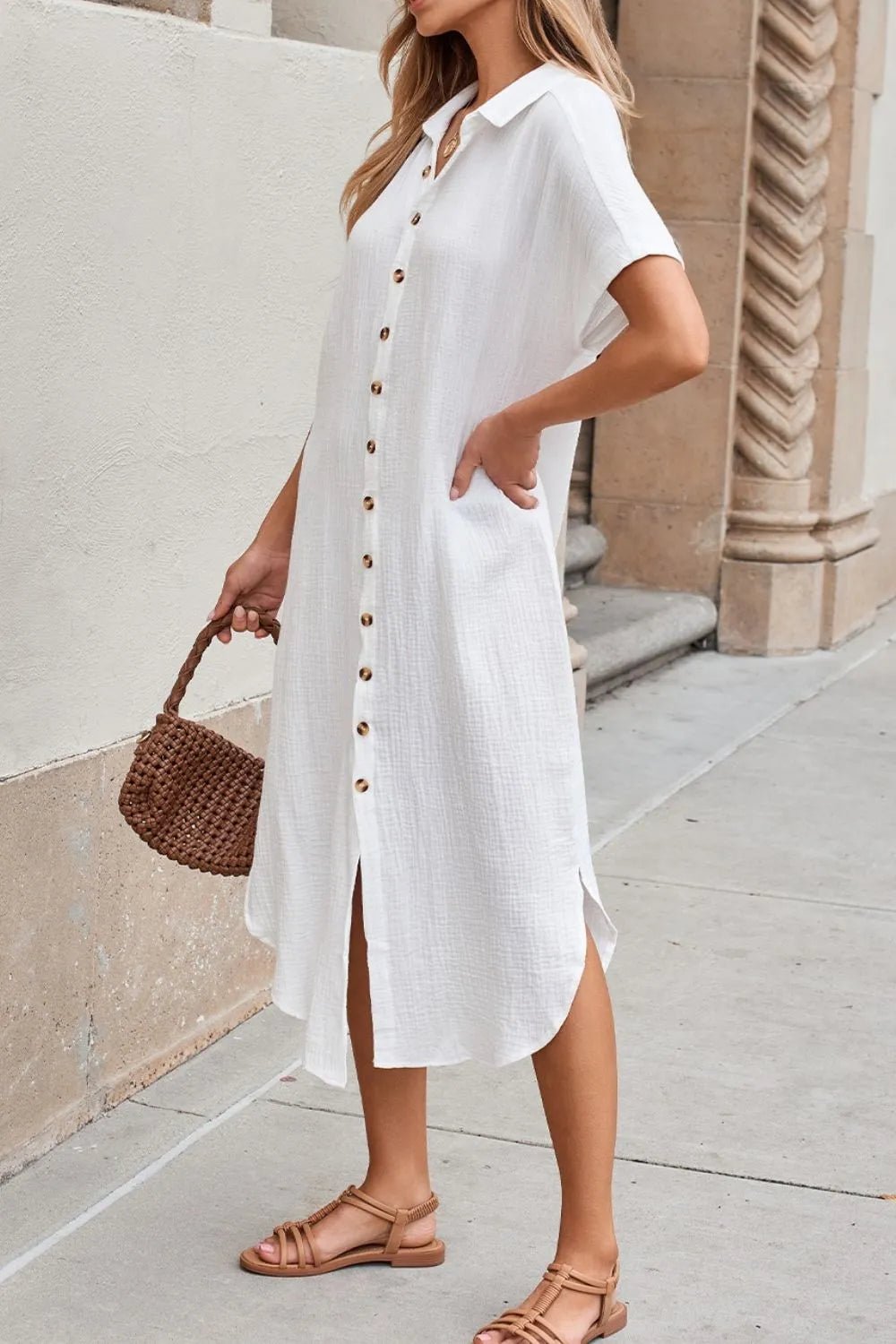 Button Down Short Sleeve Midi Shirt Dress - MAD RUFFI