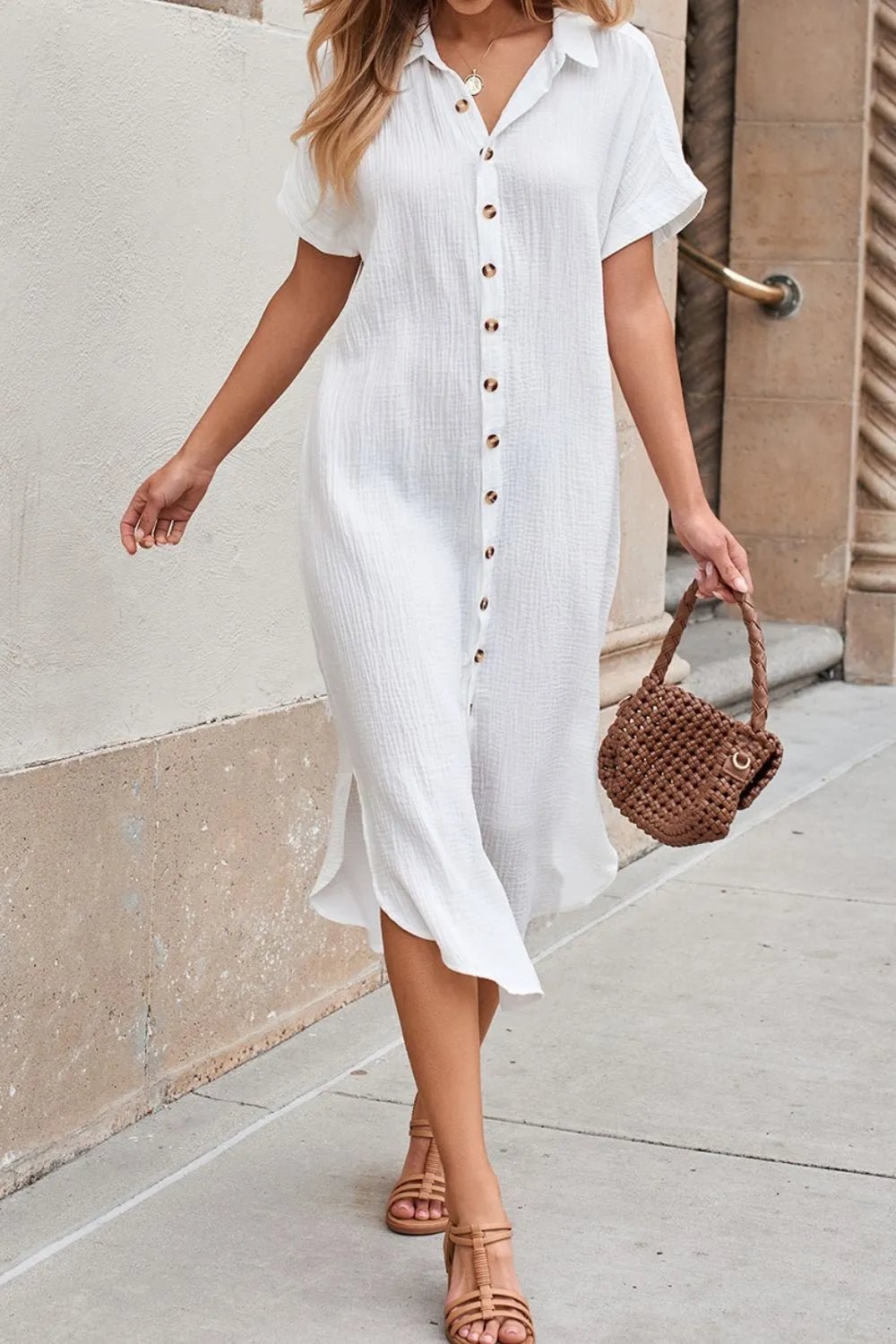 Button Down Short Sleeve Midi Shirt Dress - MAD RUFFI