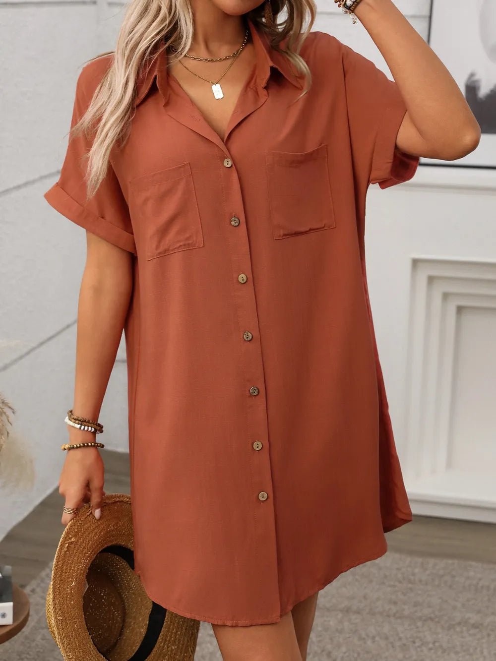 Button Down Short Sleeve Mini Dress - MAD RUFFI