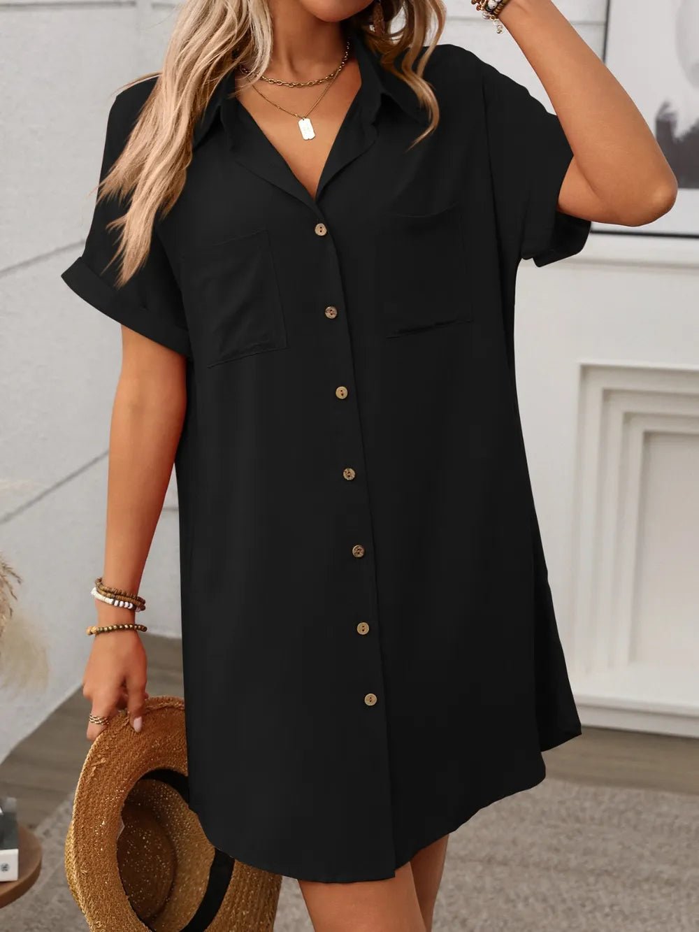 Button Down Short Sleeve Mini Dress - MAD RUFFI