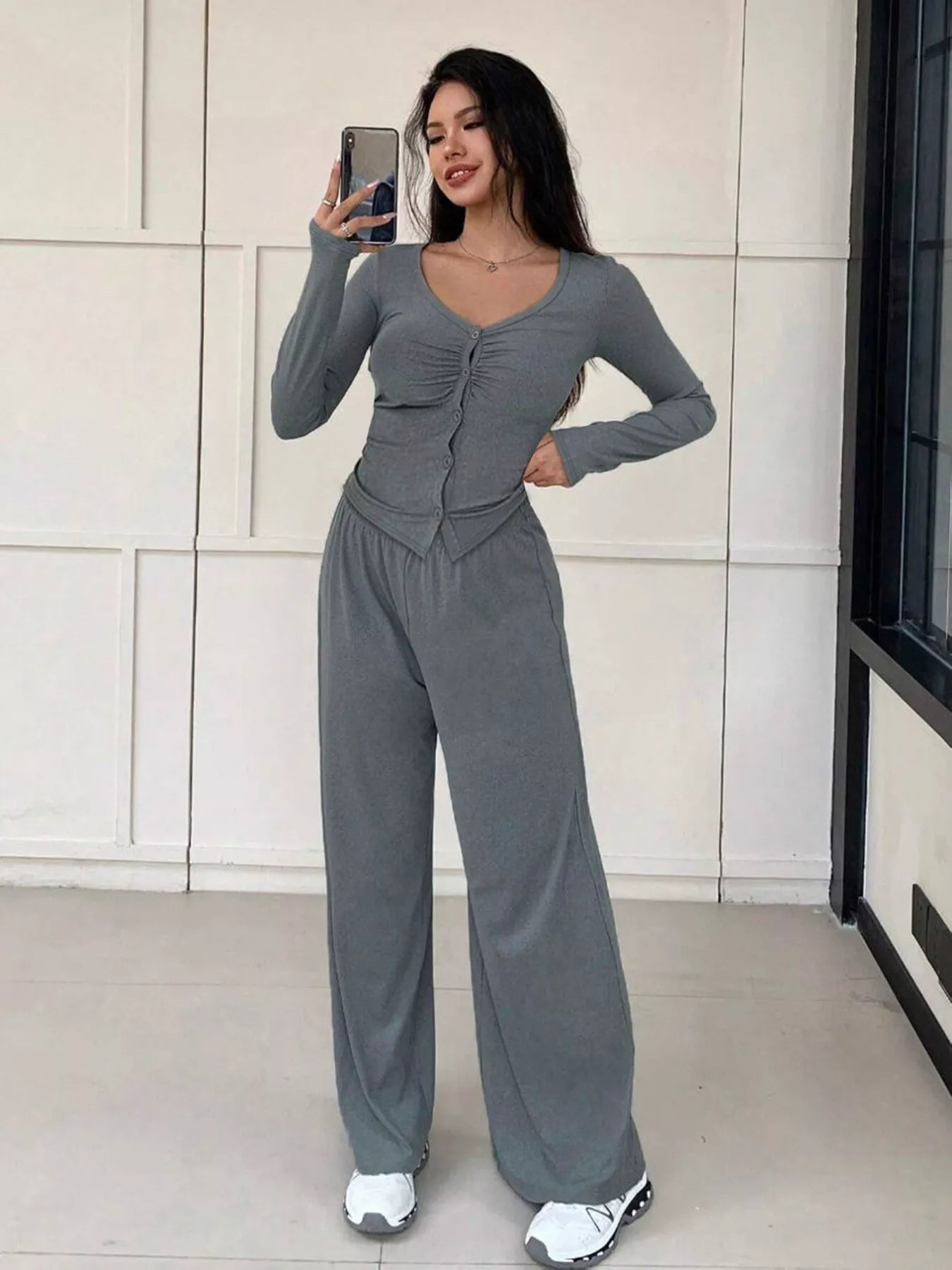 Button - Down Top & Wide Leg Pants Set - MAD RUFFI