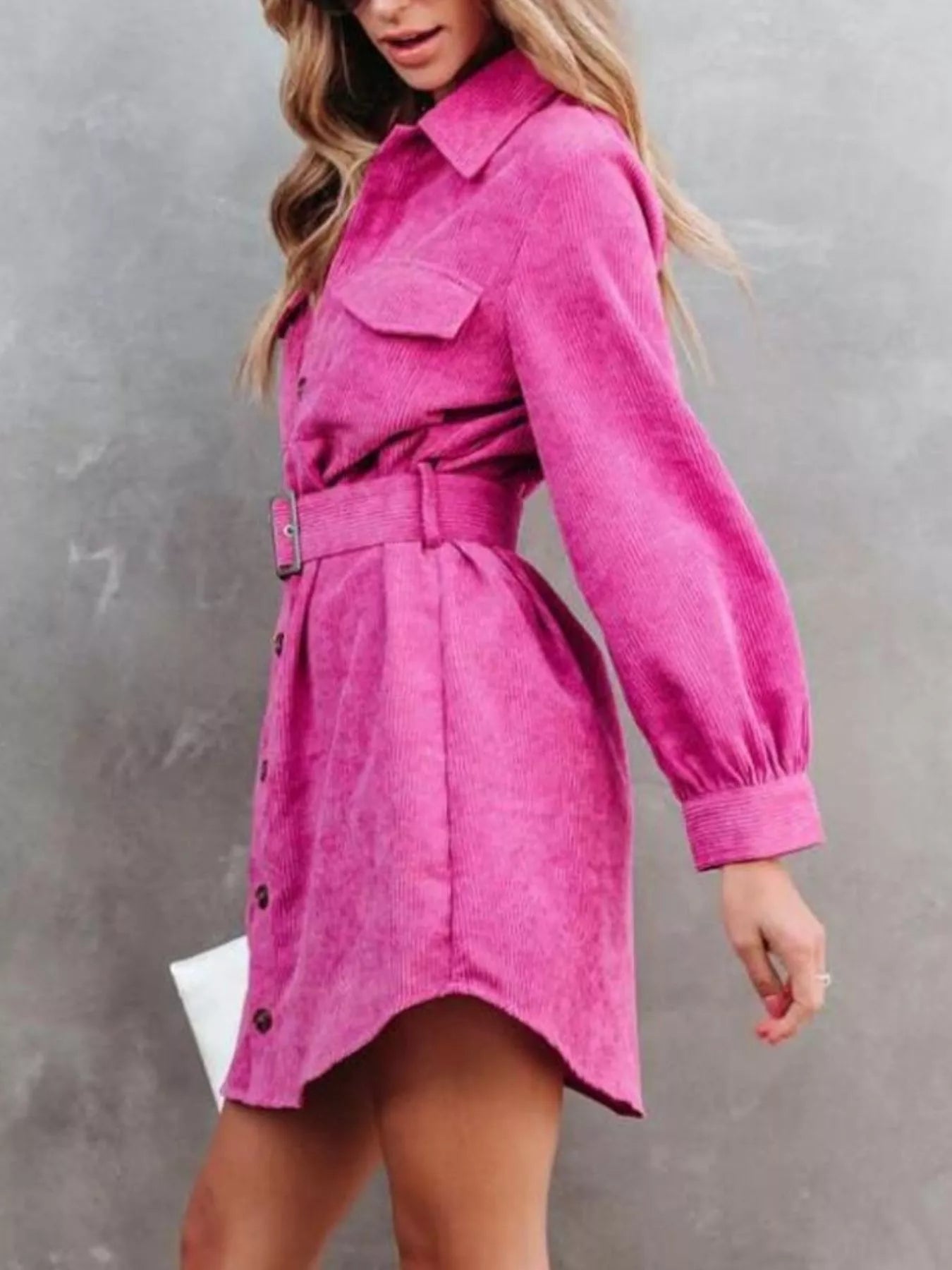 Button Front Belt Long Sleeve Corduroy Dress - MAD RUFFI