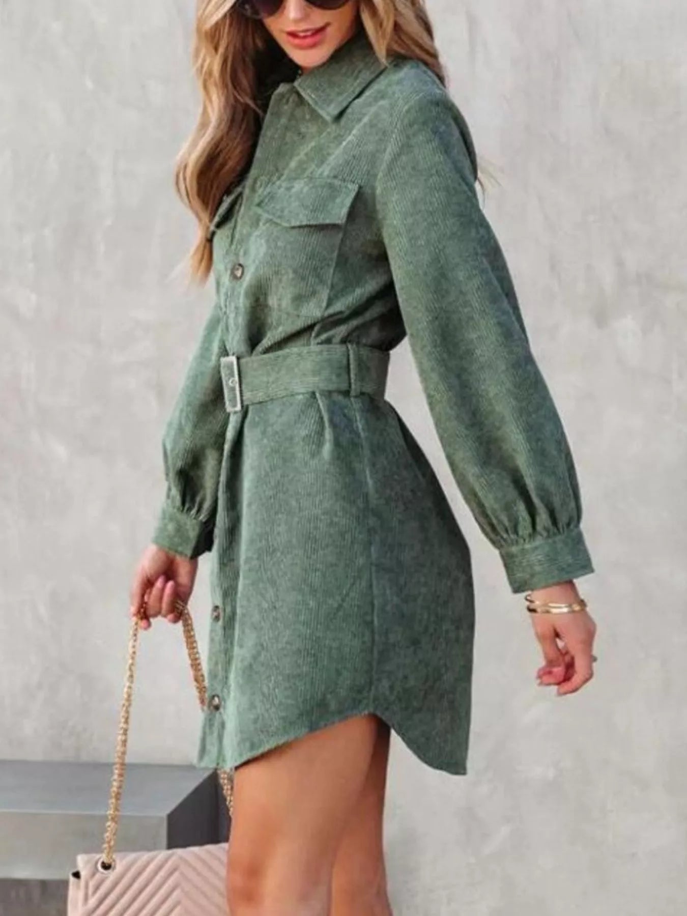 Button Front Belt Long Sleeve Corduroy Dress - MAD RUFFI
