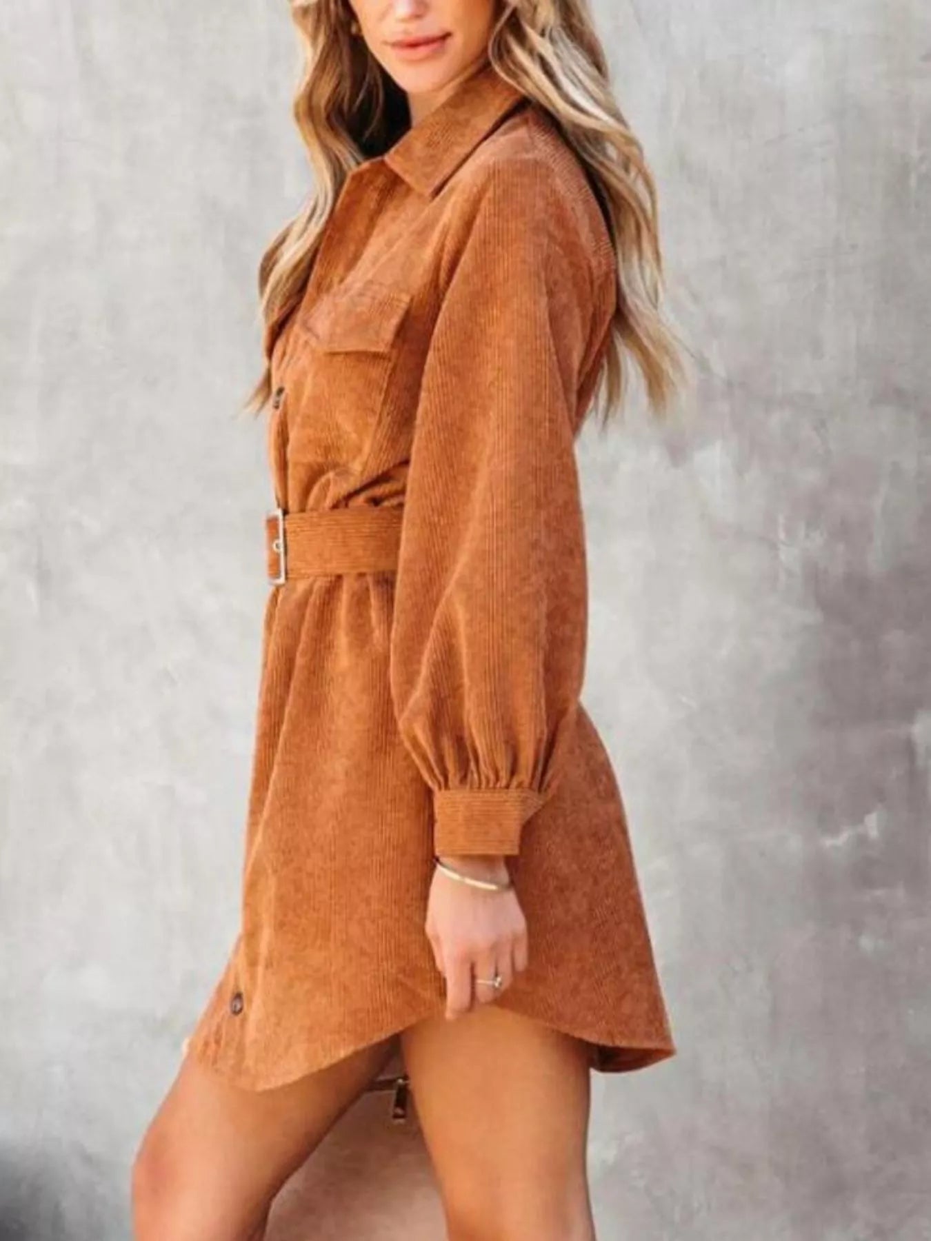 Button Front Belt Long Sleeve Corduroy Dress - MAD RUFFI
