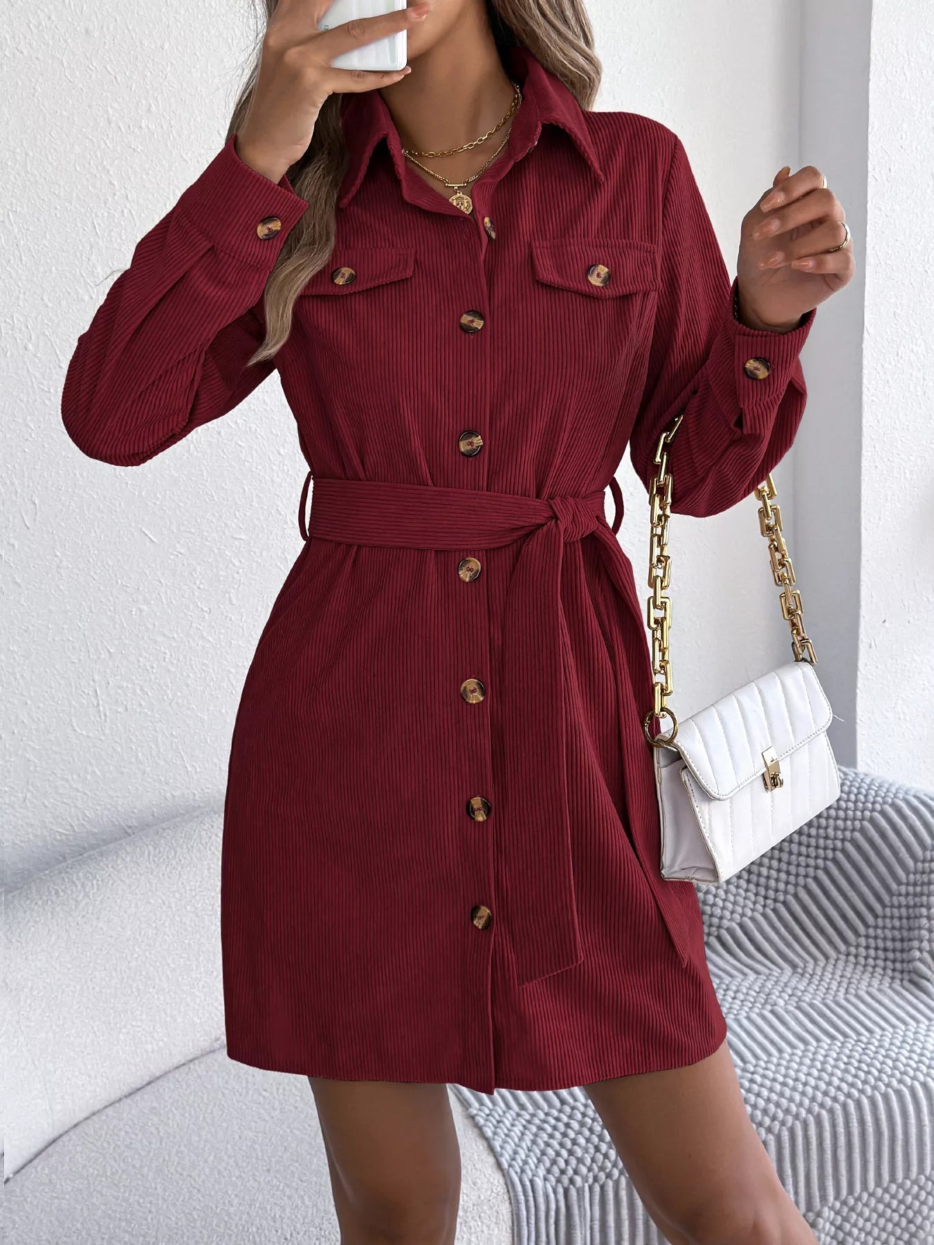 Button - Front Corduroy Shirt Dress - MAD RUFFI