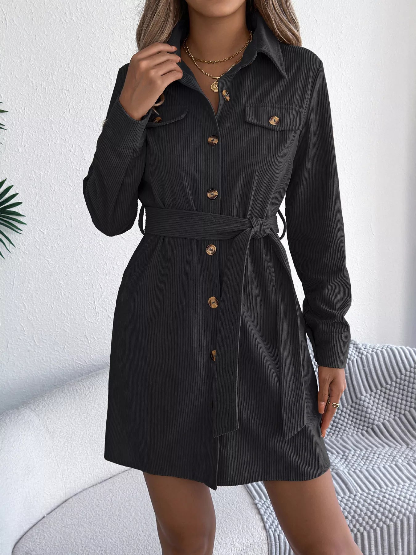 Button - Front Corduroy Shirt Dress - MAD RUFFI
