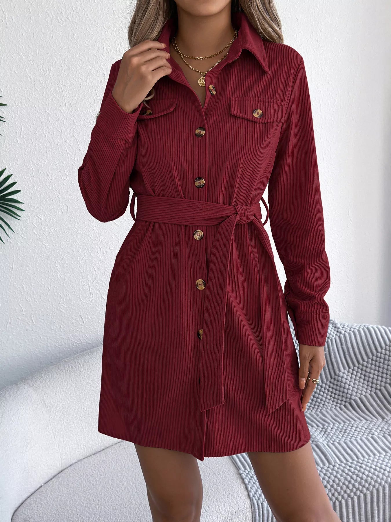 Button - Front Corduroy Shirt Dress - MAD RUFFI