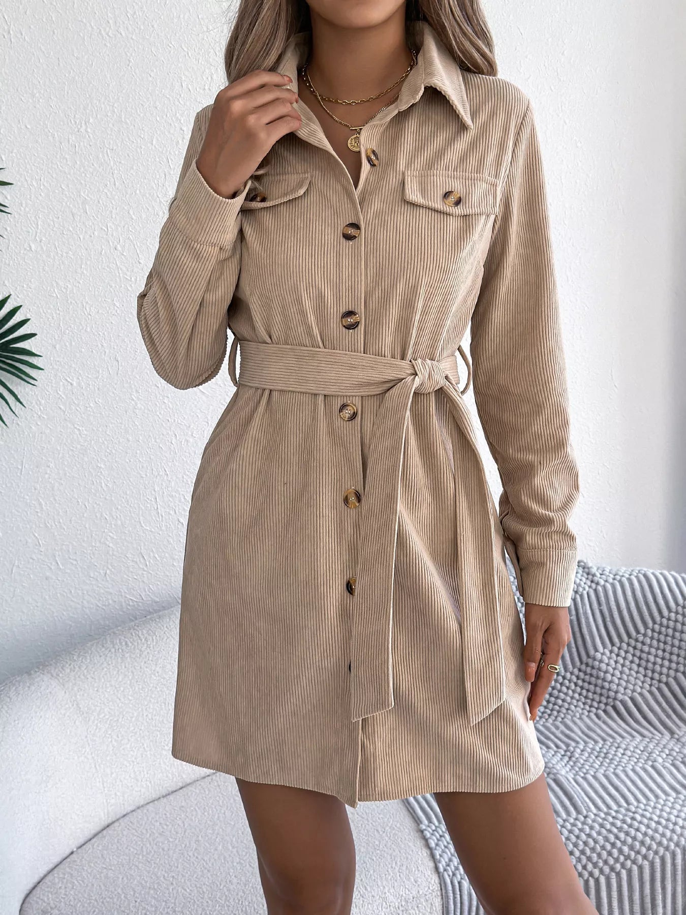 Button - Front Corduroy Shirt Dress - MAD RUFFI