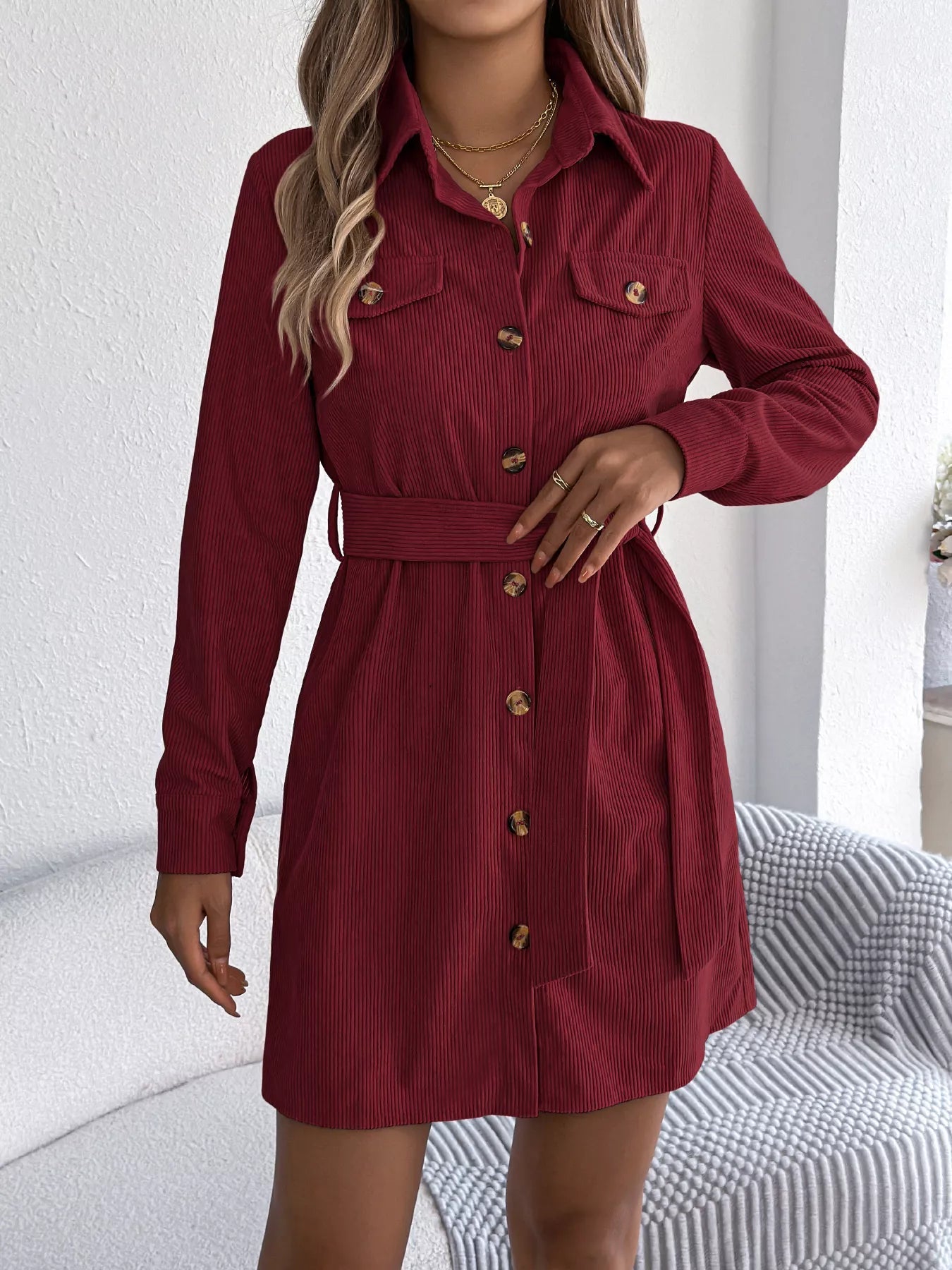 Button - Front Corduroy Shirt Dress - MAD RUFFI