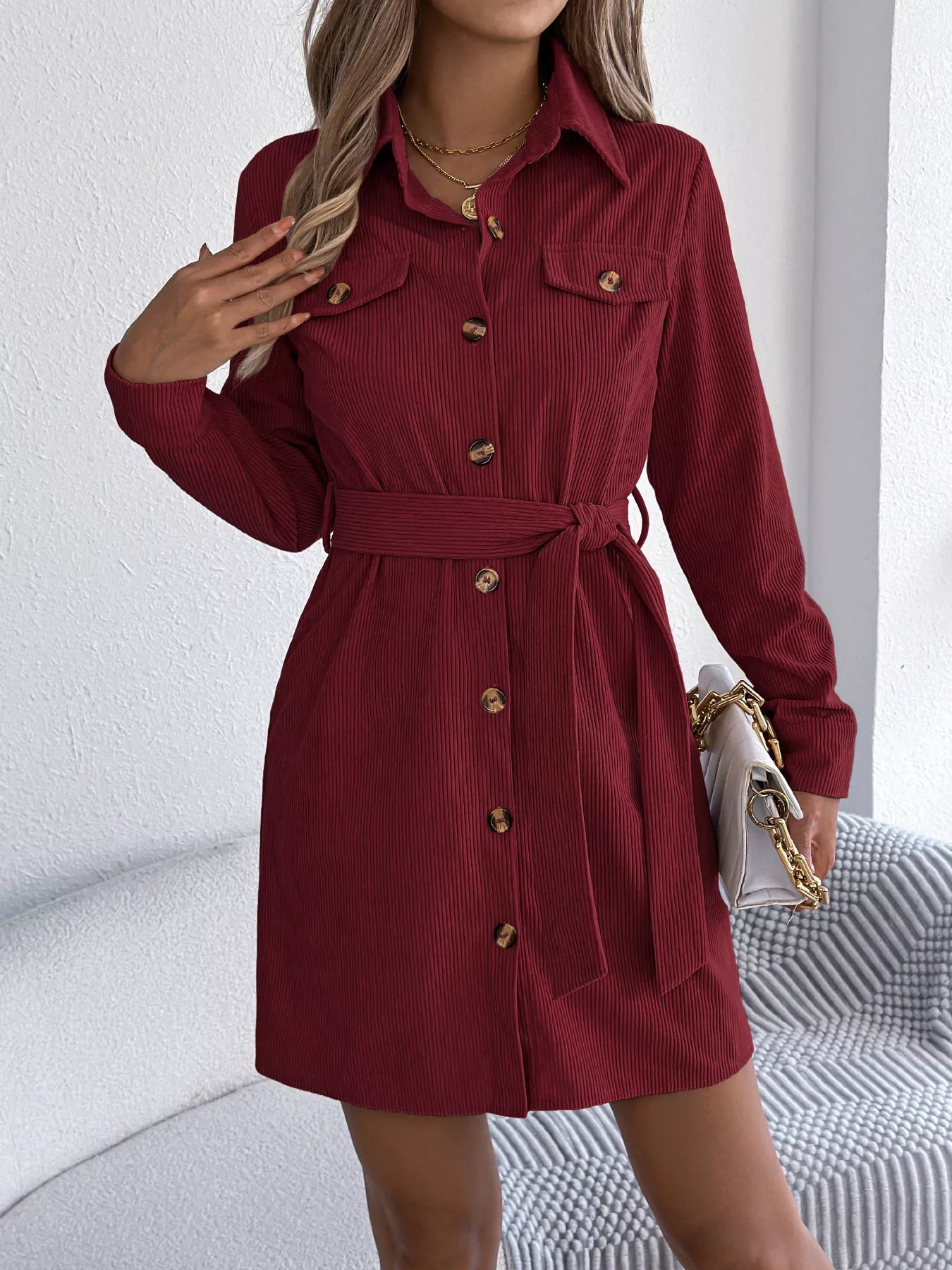 Button - Front Corduroy Shirt Dress - MAD RUFFI