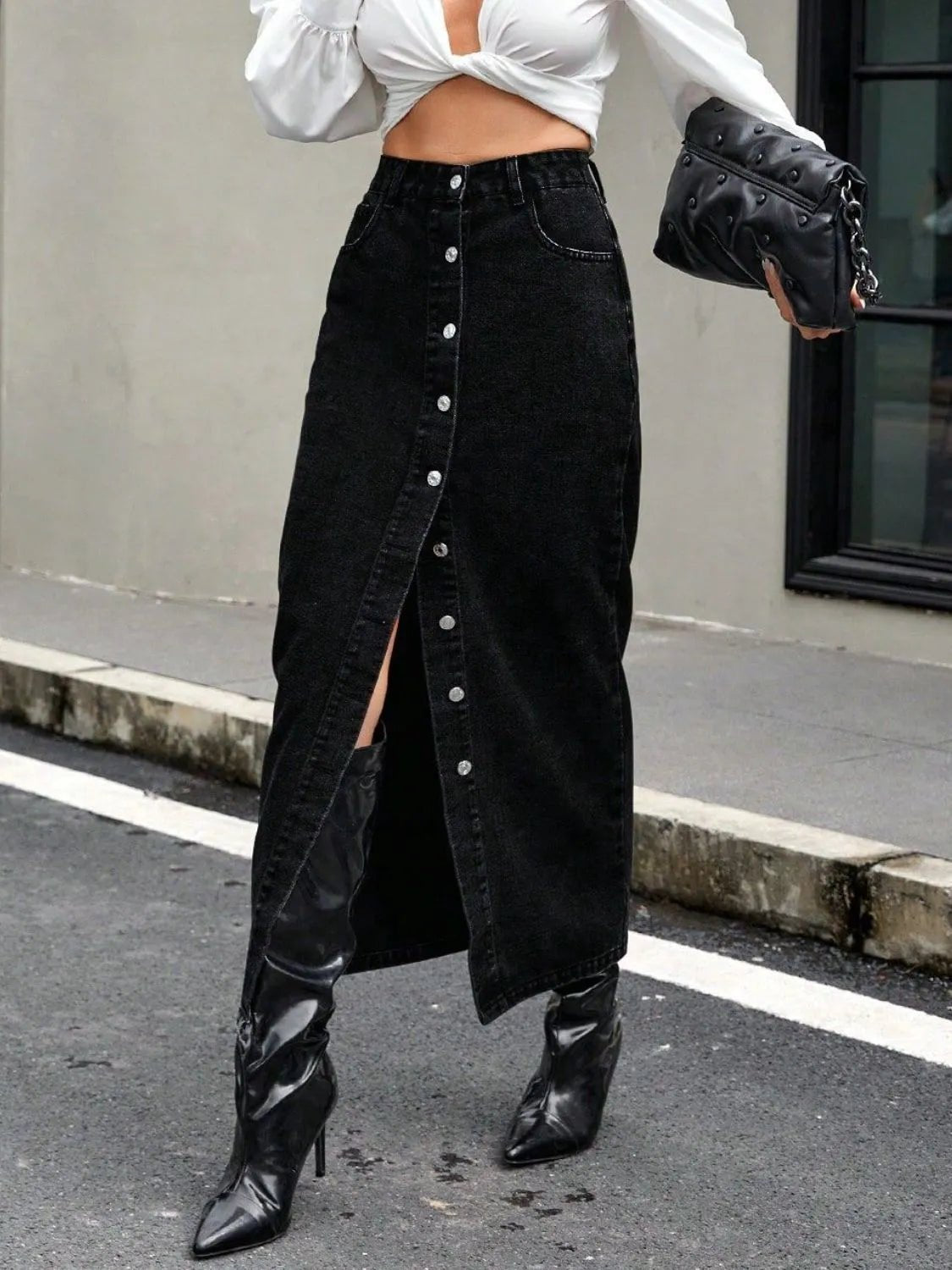 Button Front Denim Skirt - MAD RUFFI