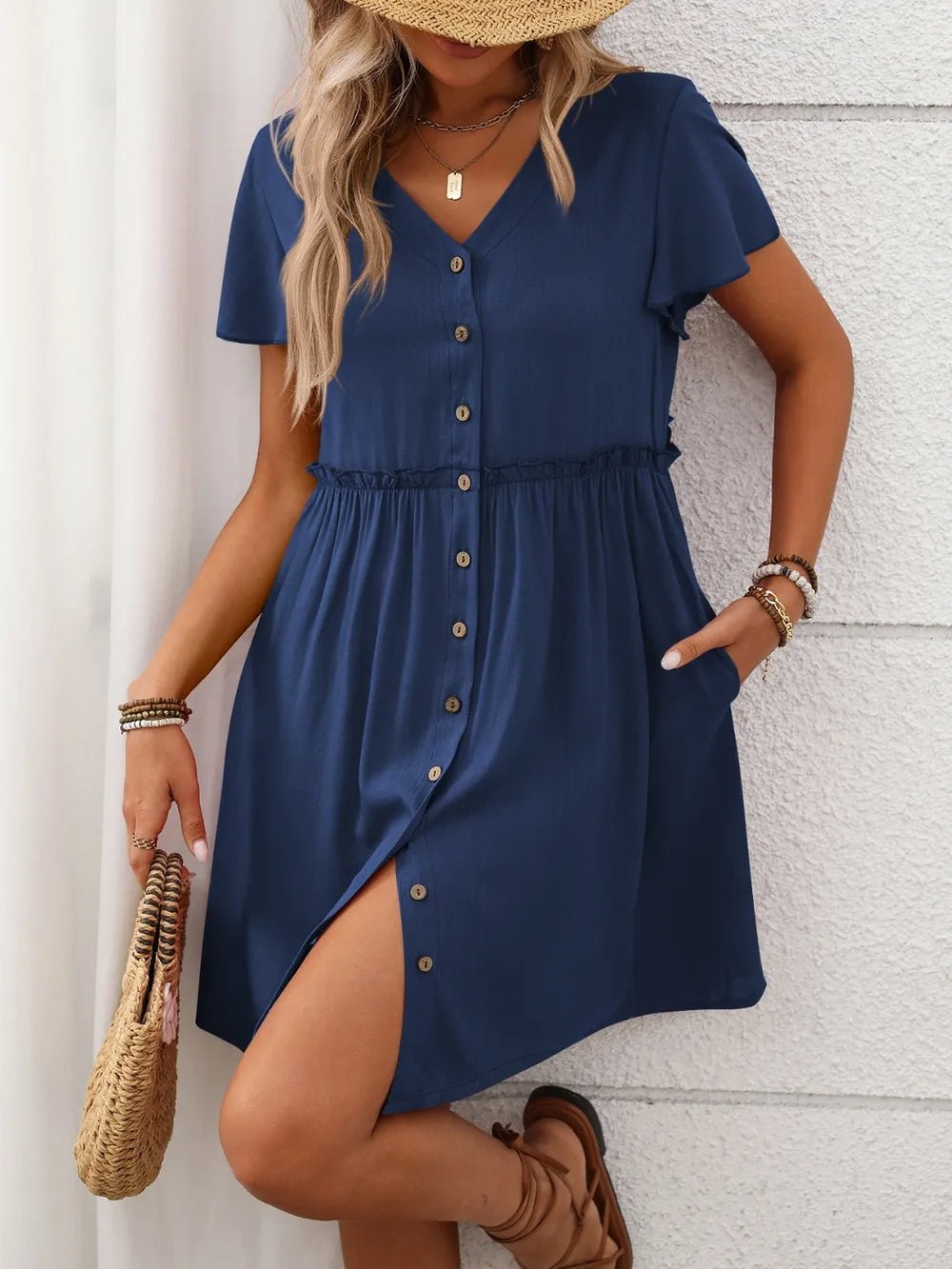 Button Front Flutter Sleeve Dress - MAD RUFFI
