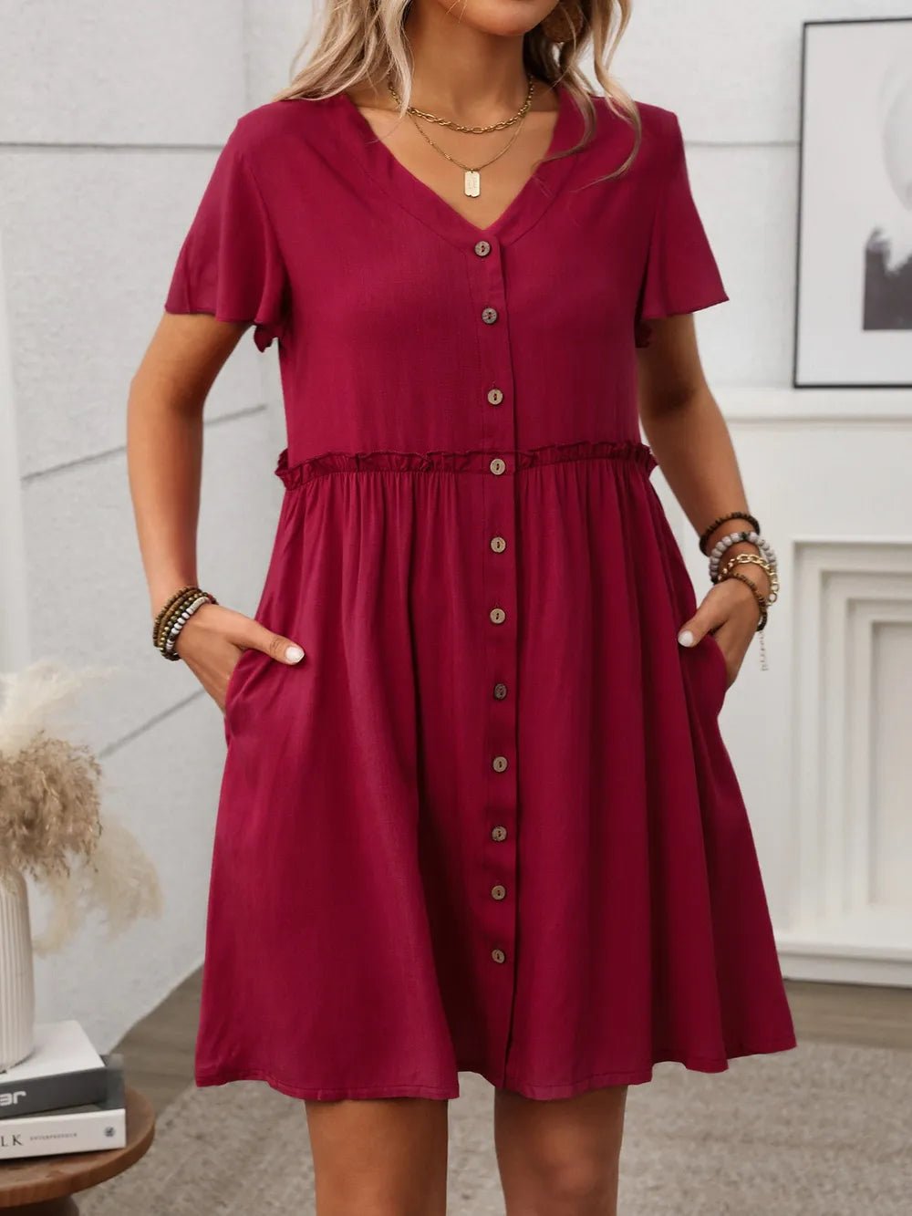 Button Front Flutter Sleeve Dress - MAD RUFFI