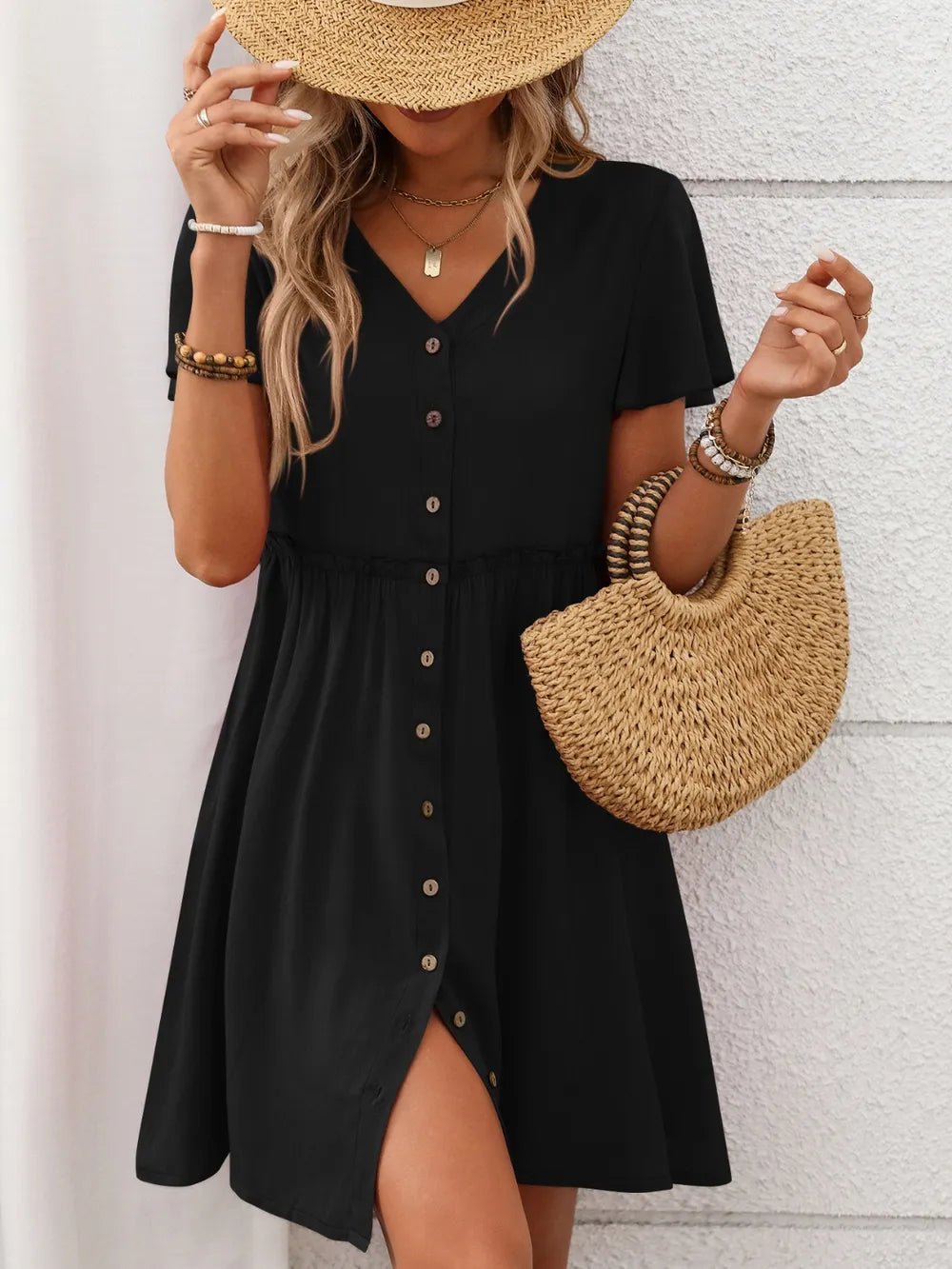 Button Front Flutter Sleeve Dress - MAD RUFFI