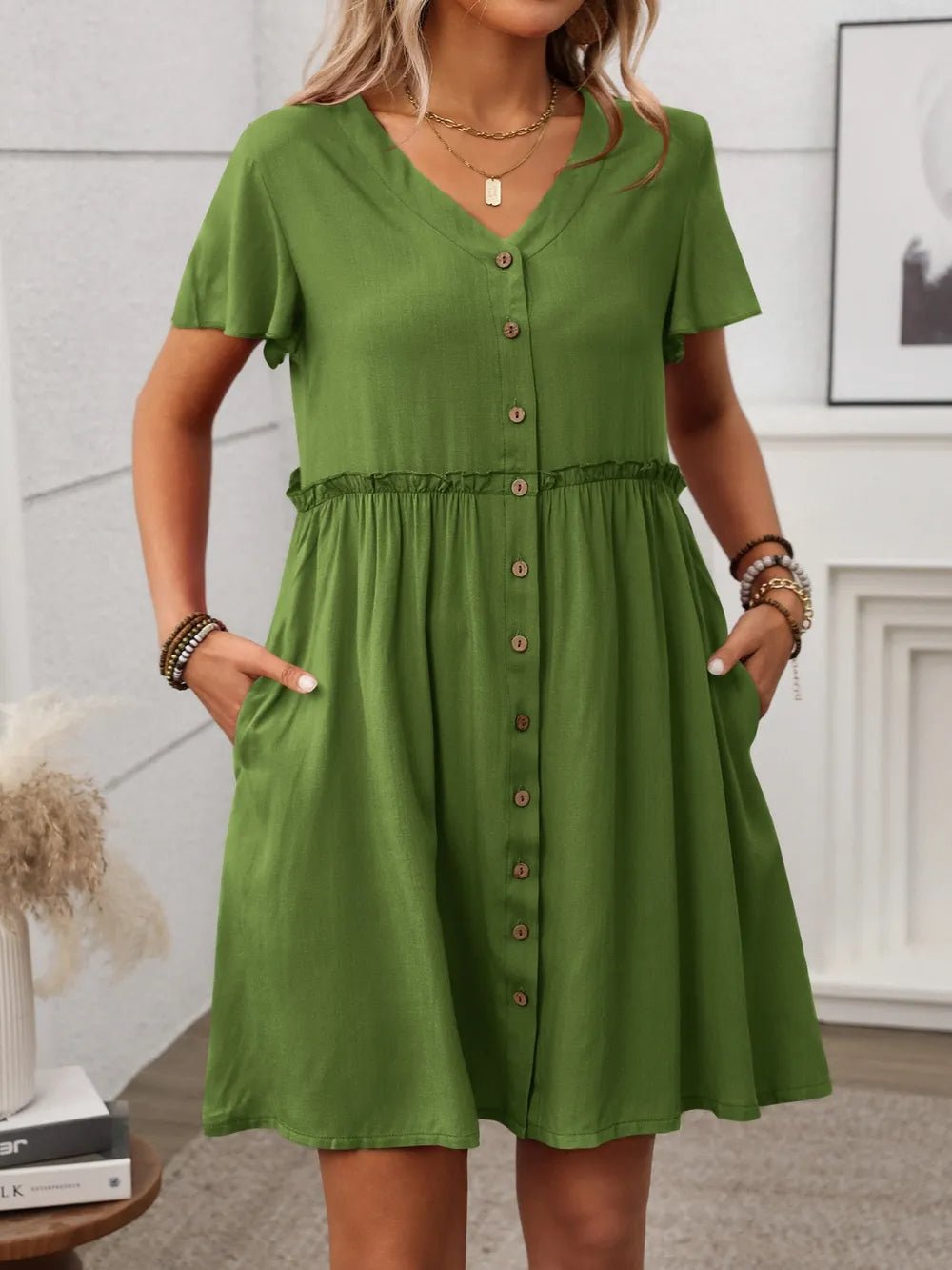 Button Front Flutter Sleeve Dress - MAD RUFFI