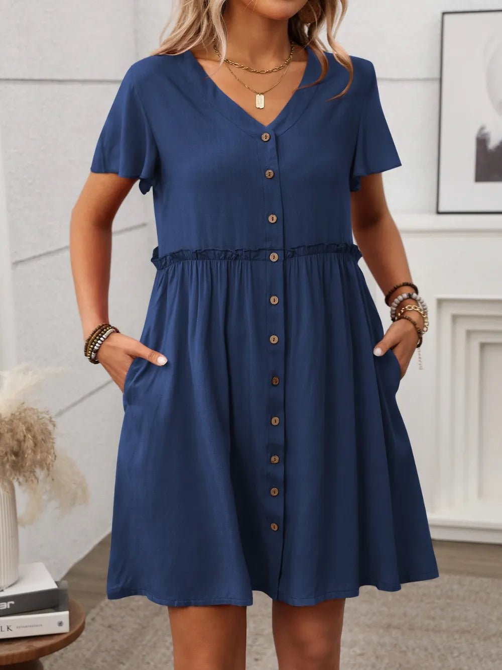 Button Front Flutter Sleeve Dress - MAD RUFFI