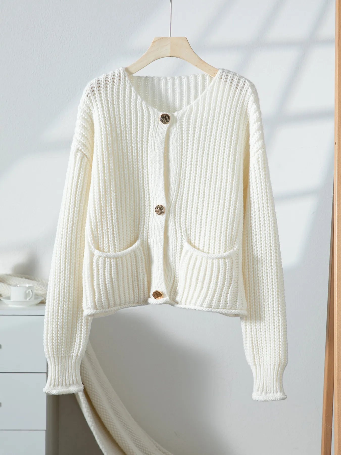 Button - Front Knit Cardigan with Pockets - MAD RUFFI
