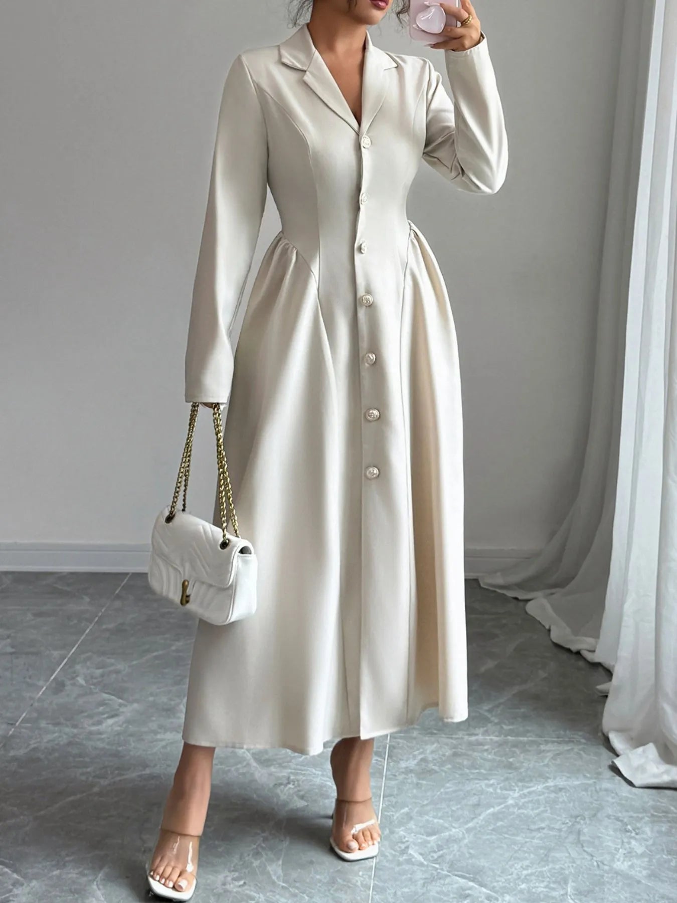 Button - Front Long Sleeve Dress - MAD RUFFI