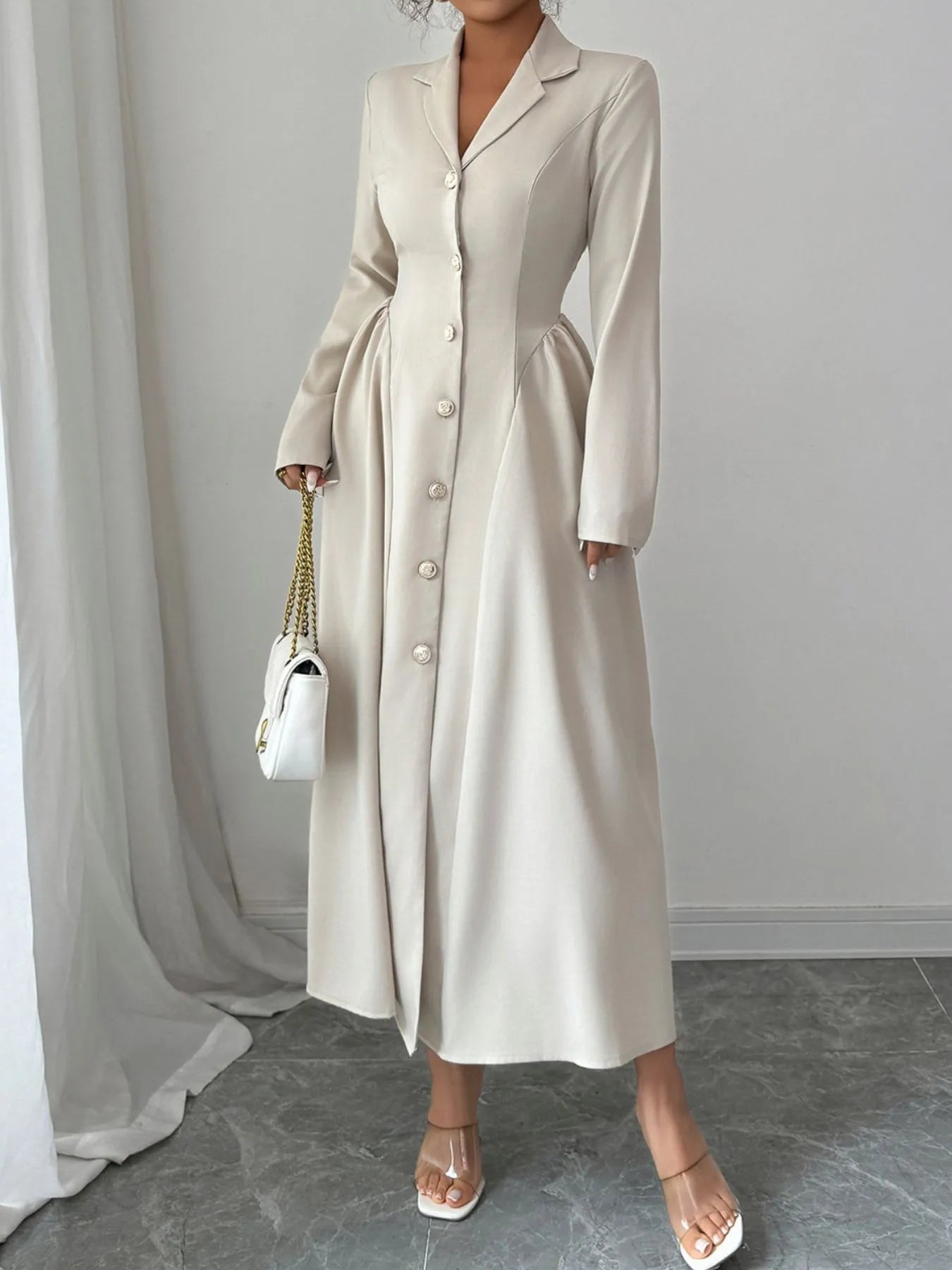 Button - Front Long Sleeve Dress - MAD RUFFI
