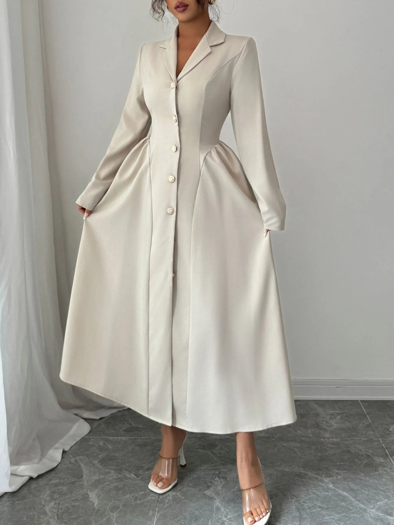 Button - Front Long Sleeve Dress - MAD RUFFI