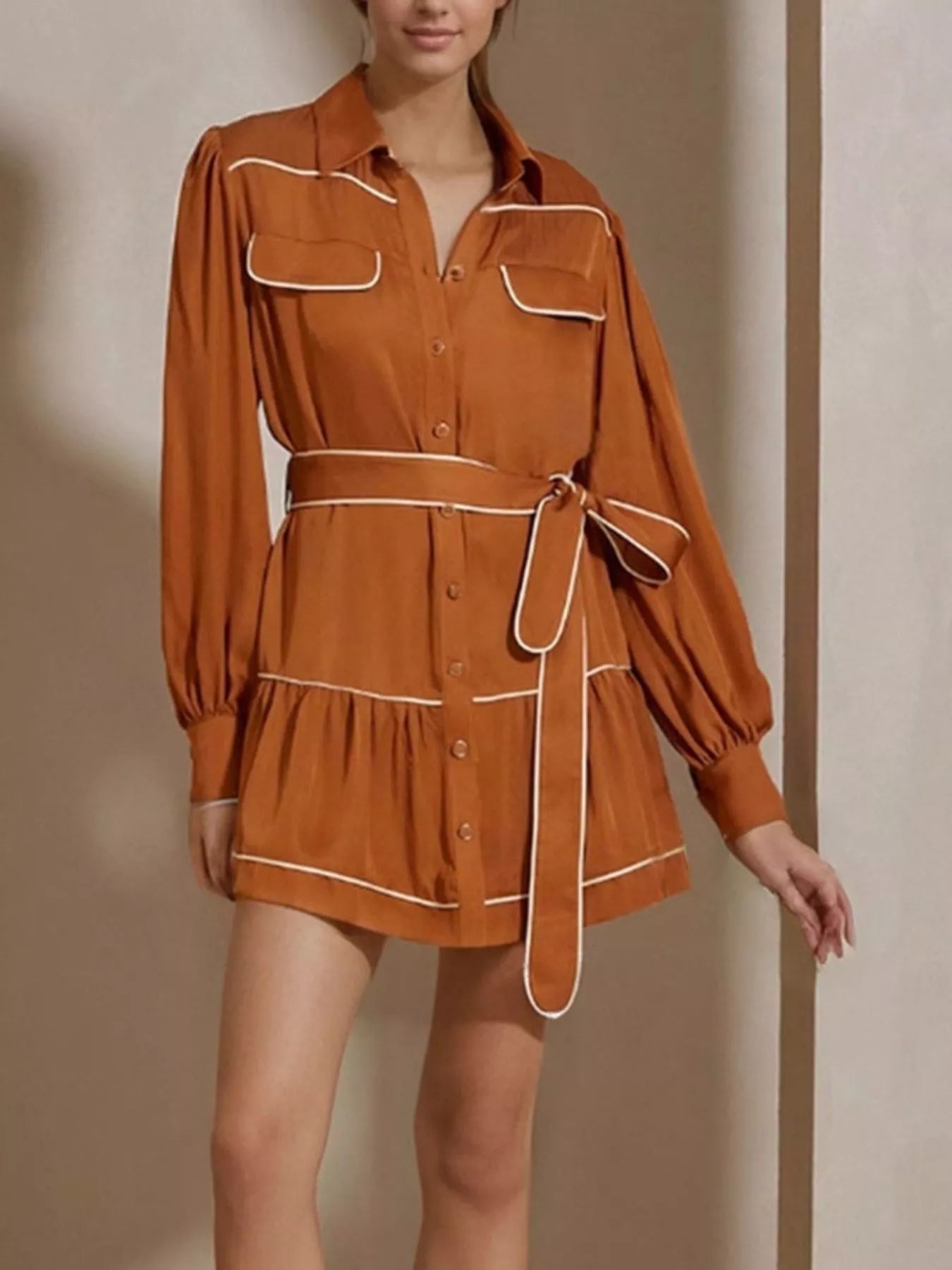 Button Front Long Sleeve Shirt Dress - MAD RUFFI
