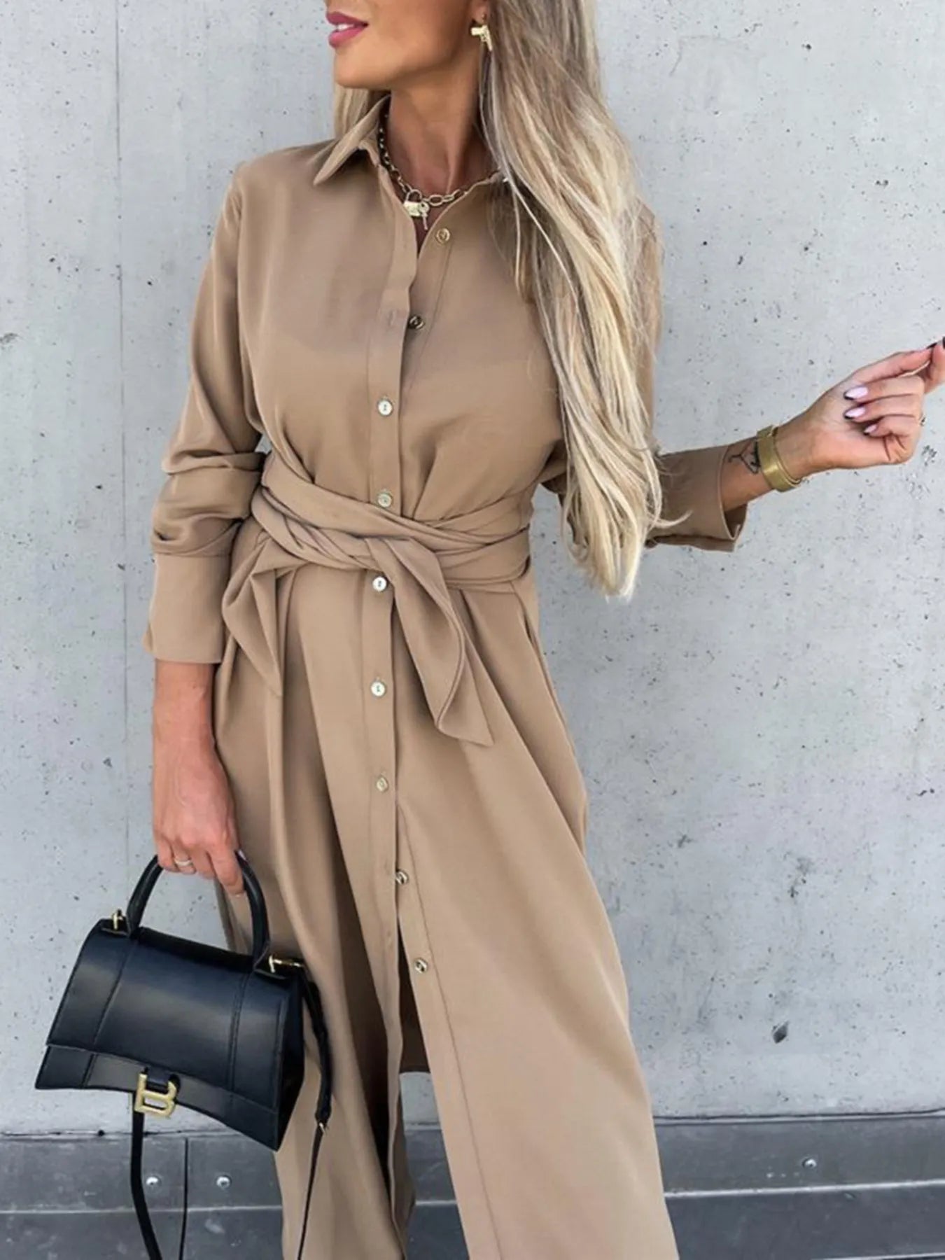 Button Front Long Sleeve Shirt Dress - MAD RUFFI