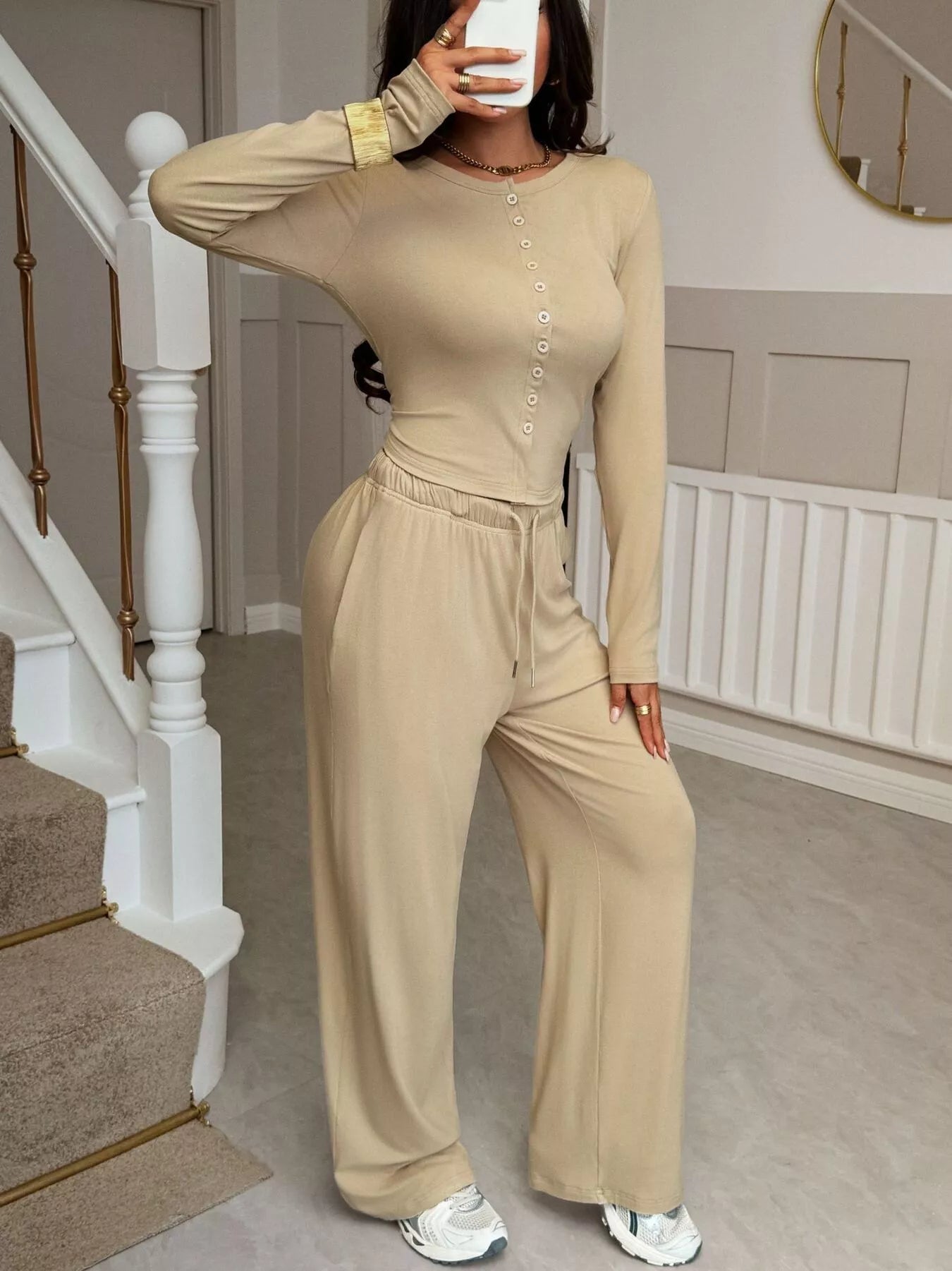 Button - Front Long Sleeve Top & Wide Leg Pants Set - MAD RUFFI