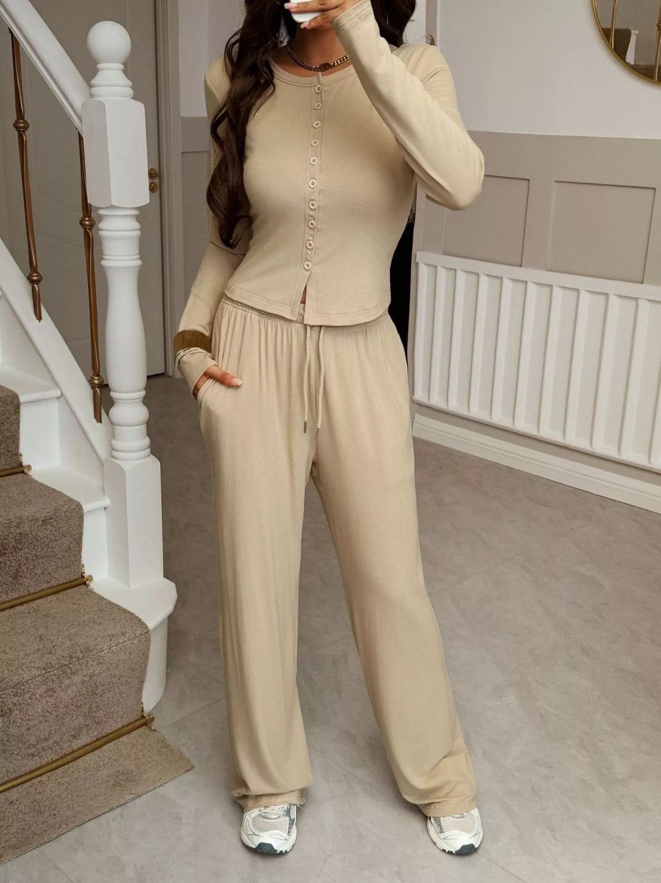 Button - Front Long Sleeve Top & Wide Leg Pants Set - MAD RUFFI