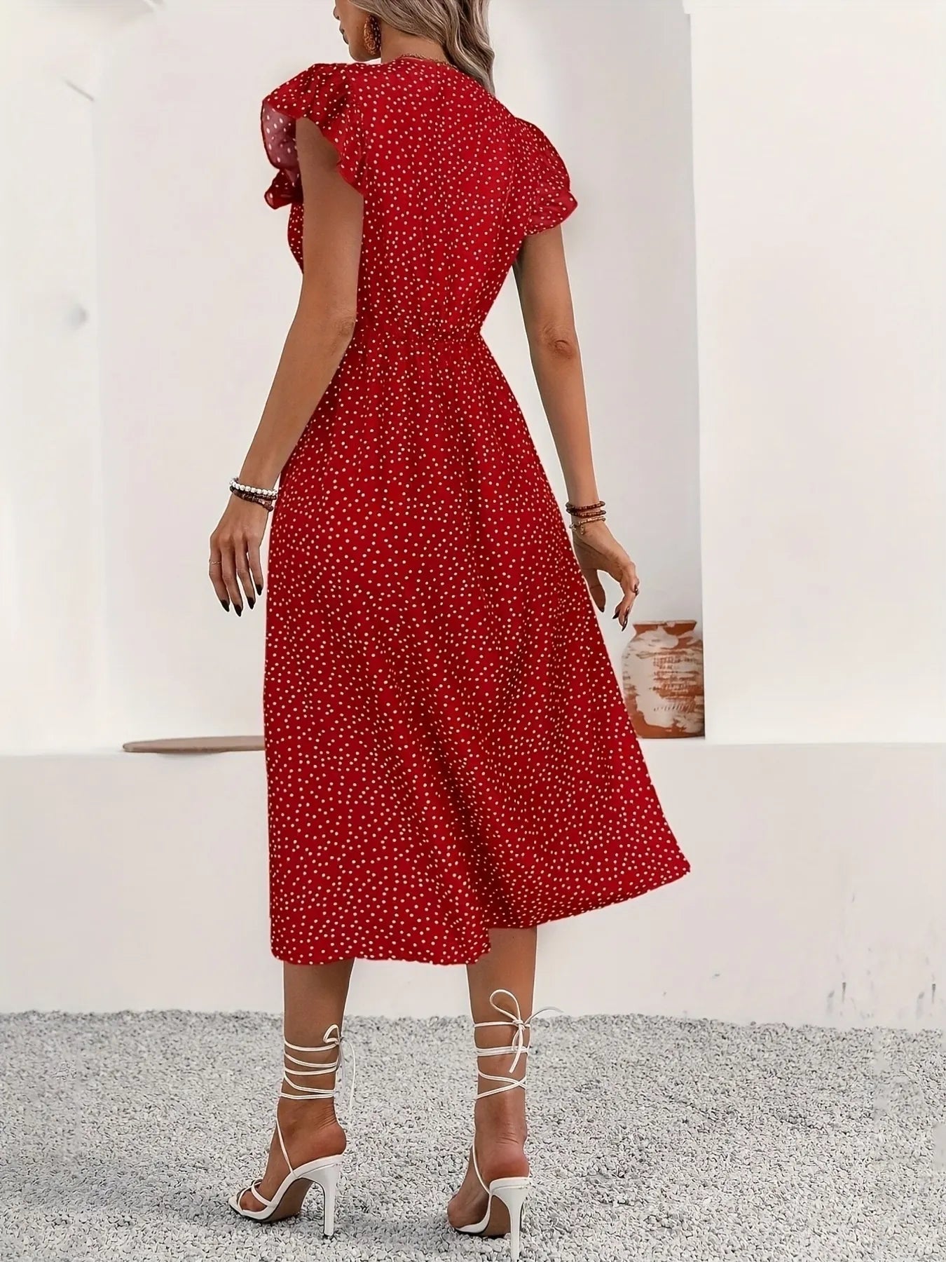 Button - Front Midi Dress with Ruffle Sleeves - MAD RUFFI