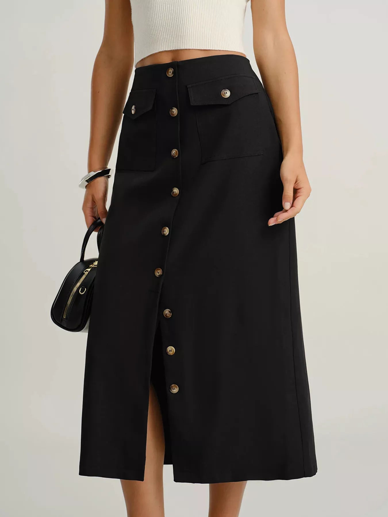Button - Front Midi Skirt with Pockets - MAD RUFFI
