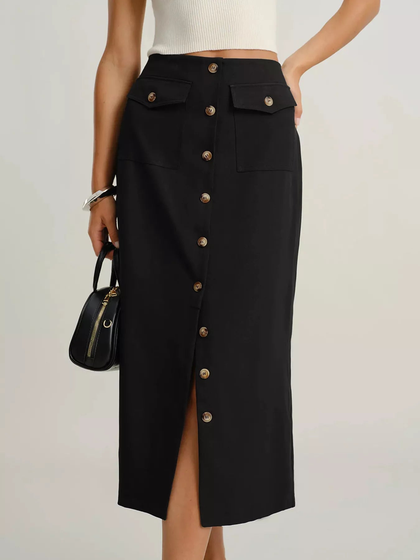Button - Front Pocketed Midi Skirt - MAD RUFFI
