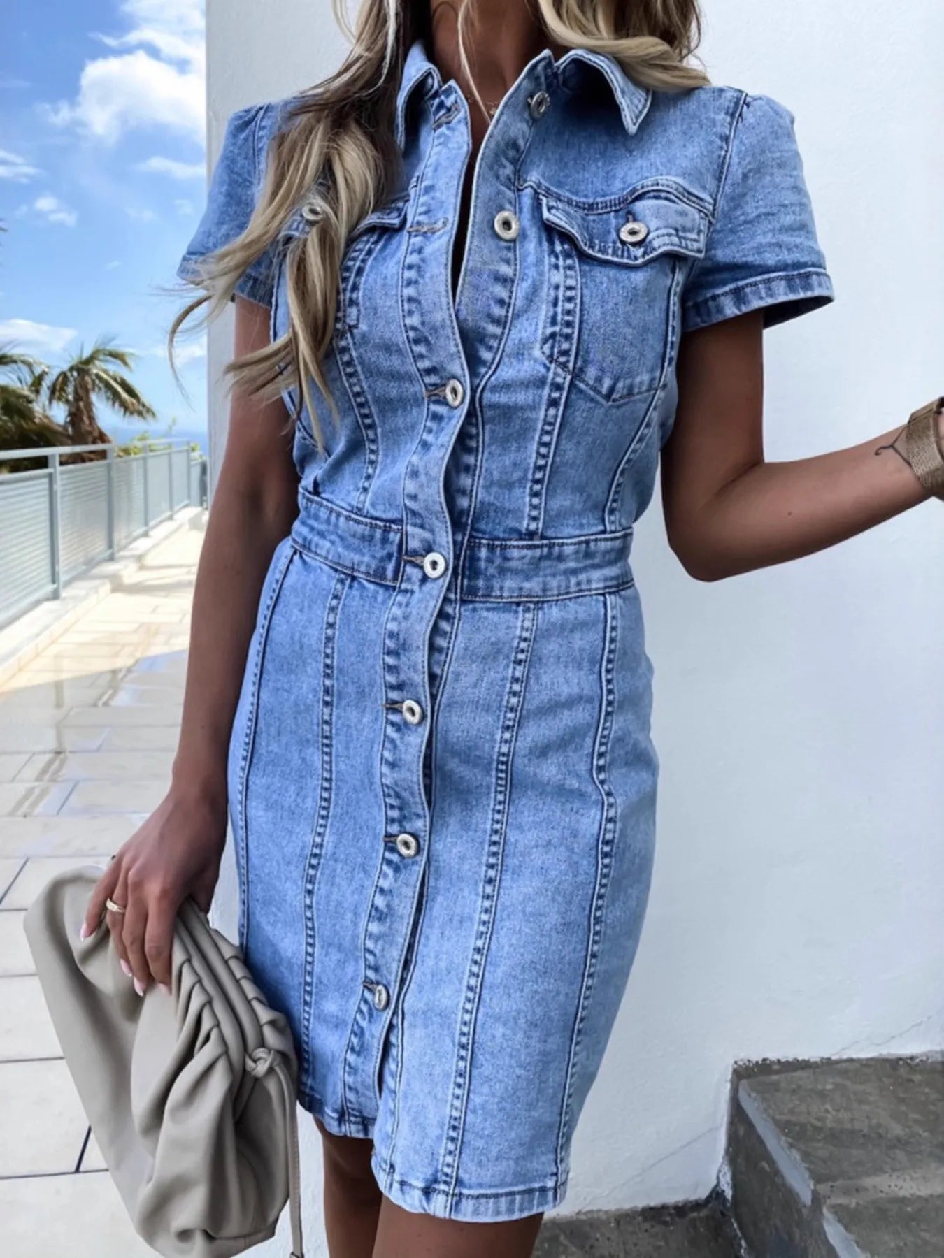 Button Front Short Sleeve Denim Dress - MAD RUFFI