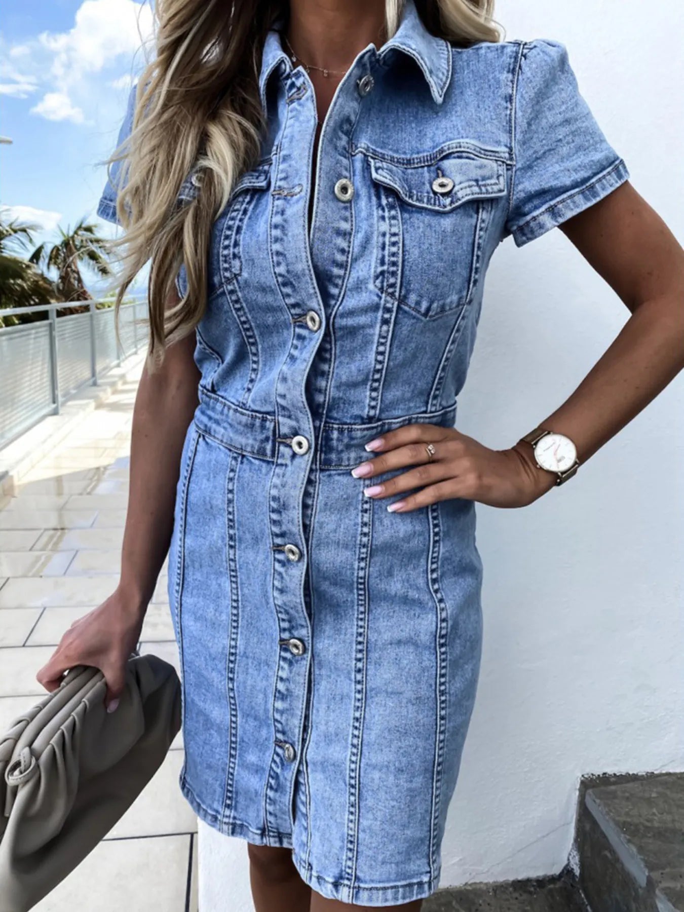 Button Front Short Sleeve Denim Dress - MAD RUFFI