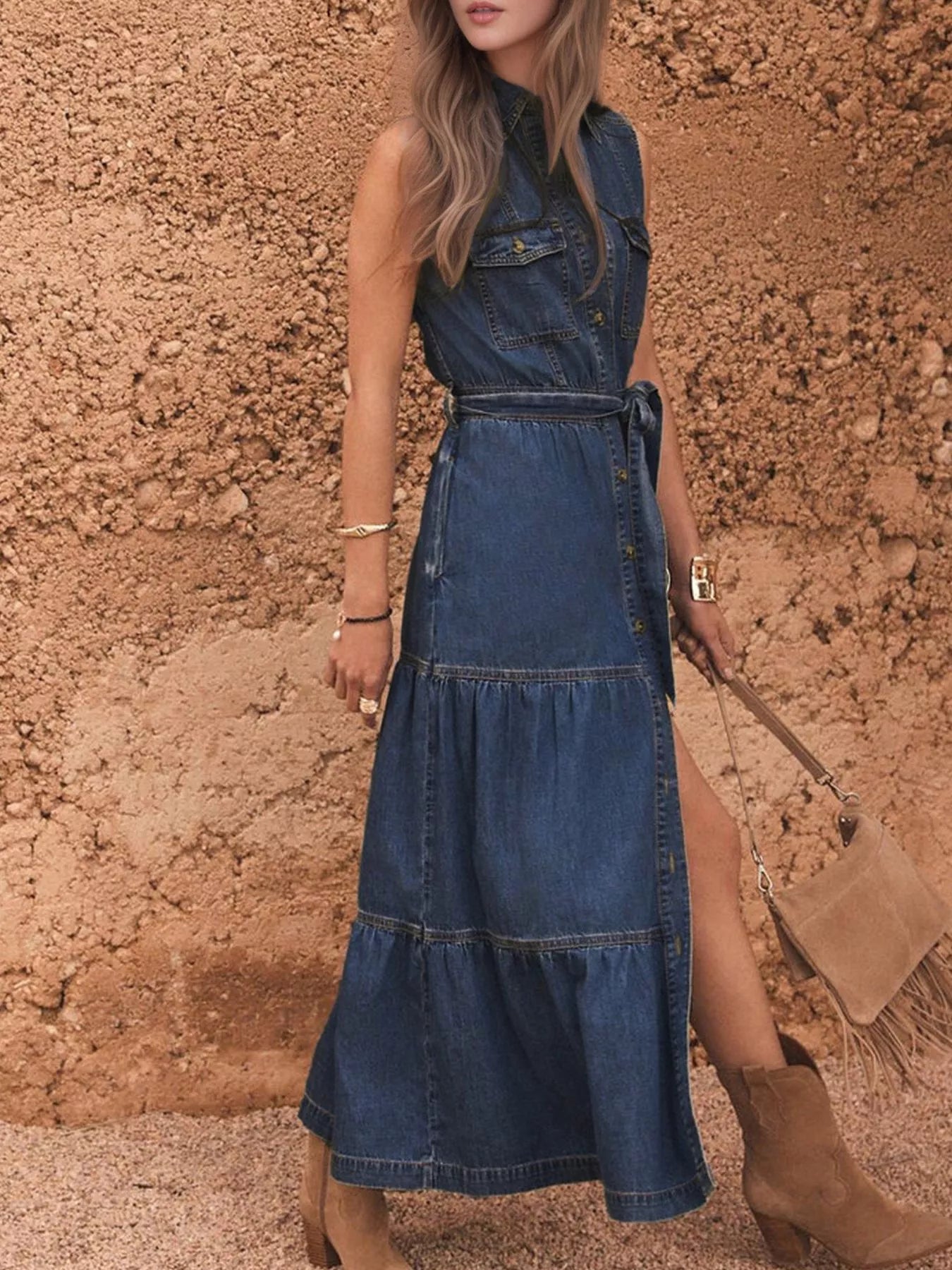 Button Front Sleeveless Denim Dress - MAD RUFFI