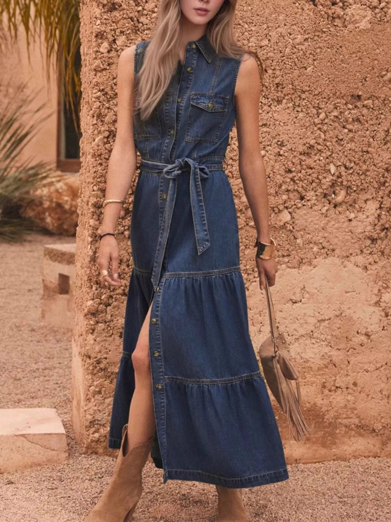 Button Front Sleeveless Denim Dress - MAD RUFFI