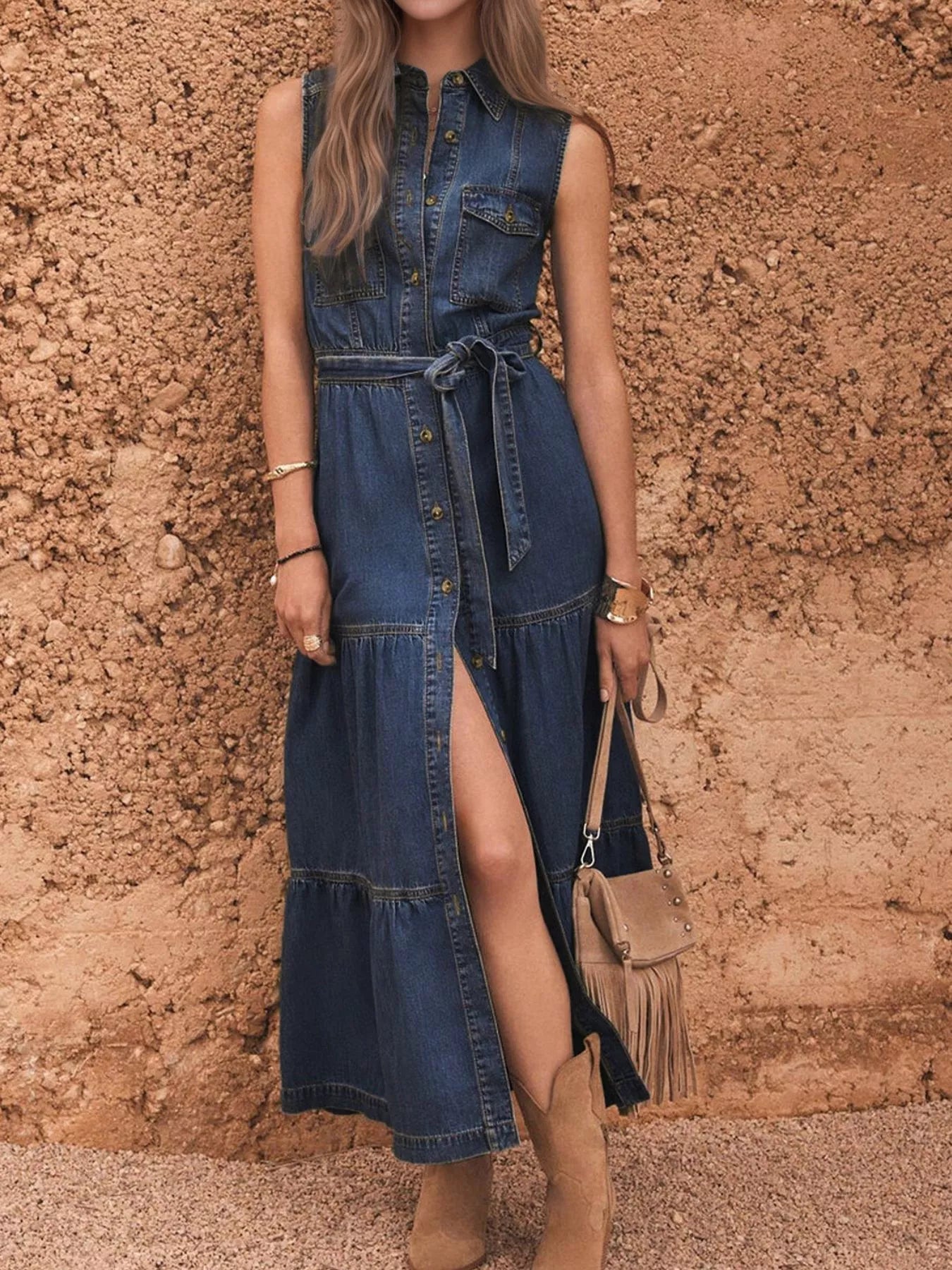 Button Front Sleeveless Denim Dress - MAD RUFFI