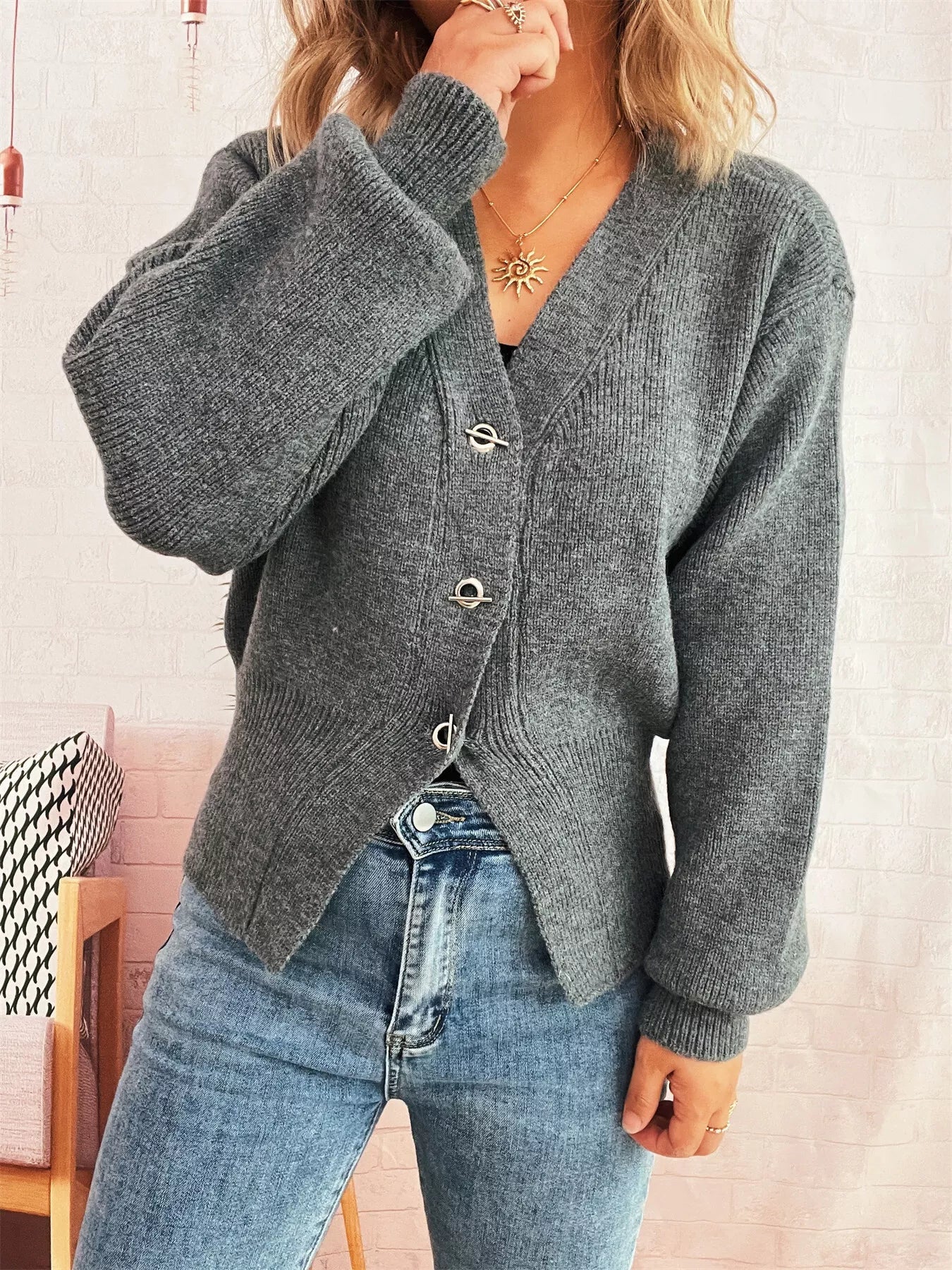 Button Up Long Sleeve Cardigan - MAD RUFFI