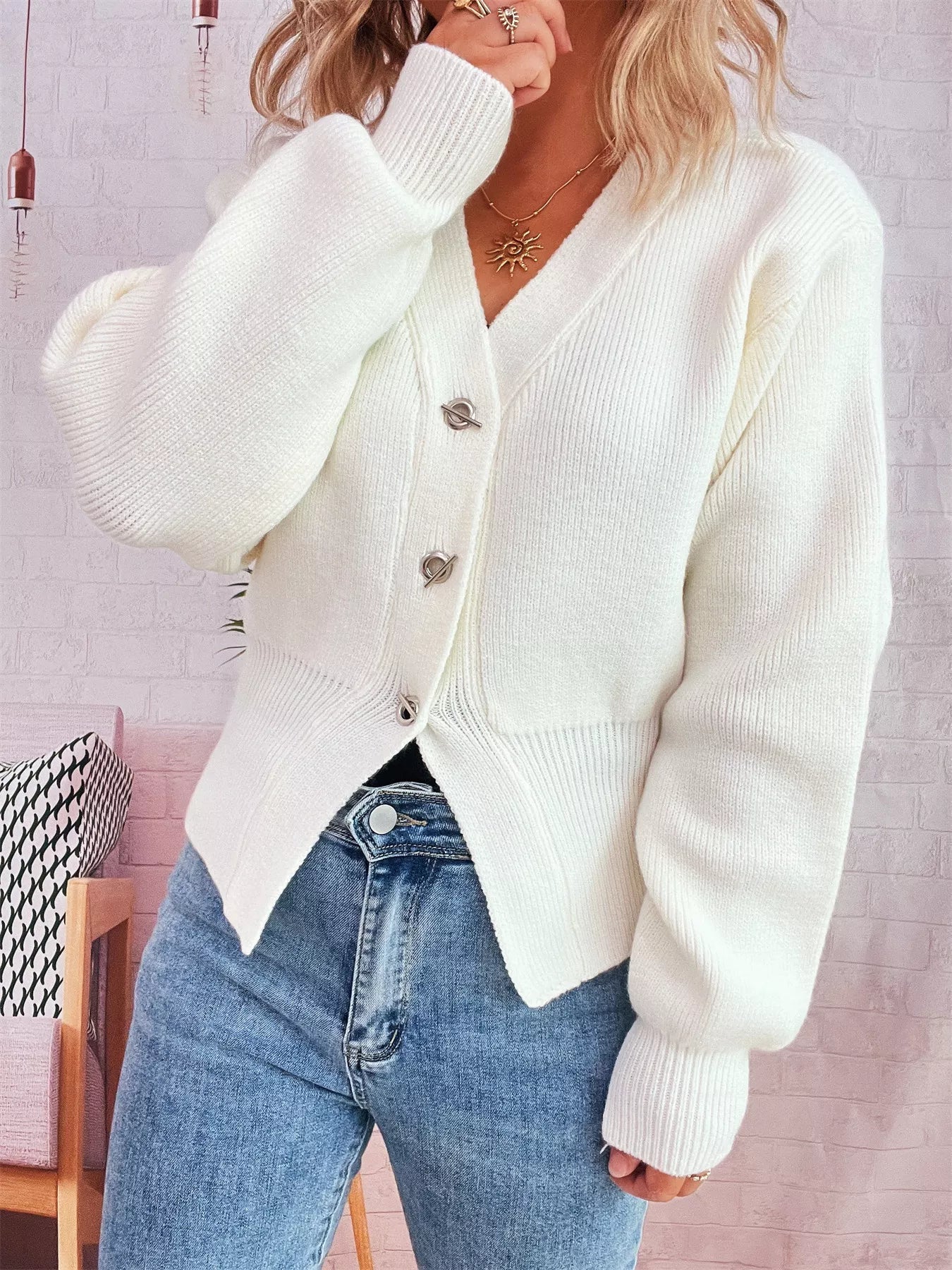 Button Up Long Sleeve Cardigan - MAD RUFFI