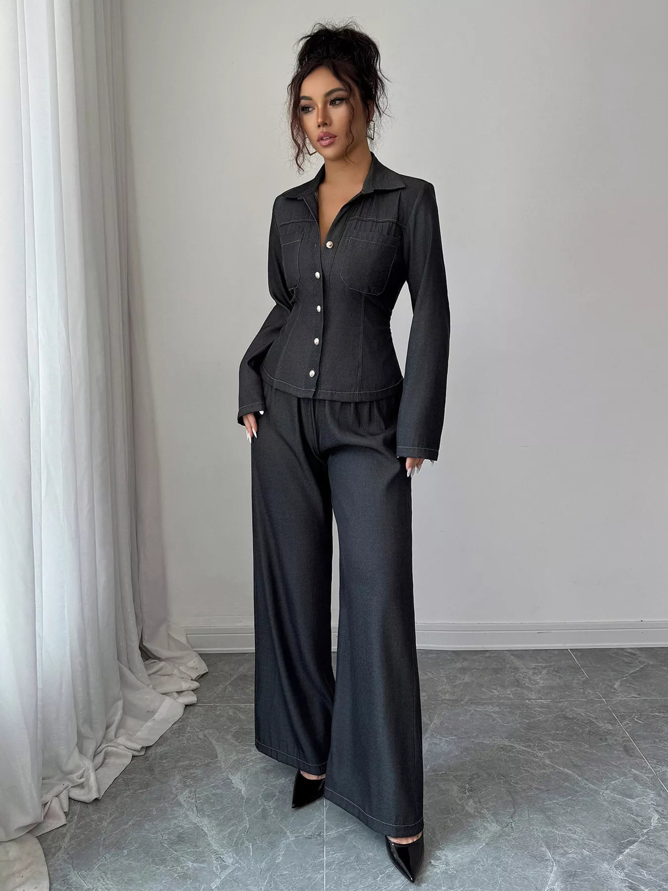 Button - Up Shirt & Wide Leg Pants Set - MAD RUFFI