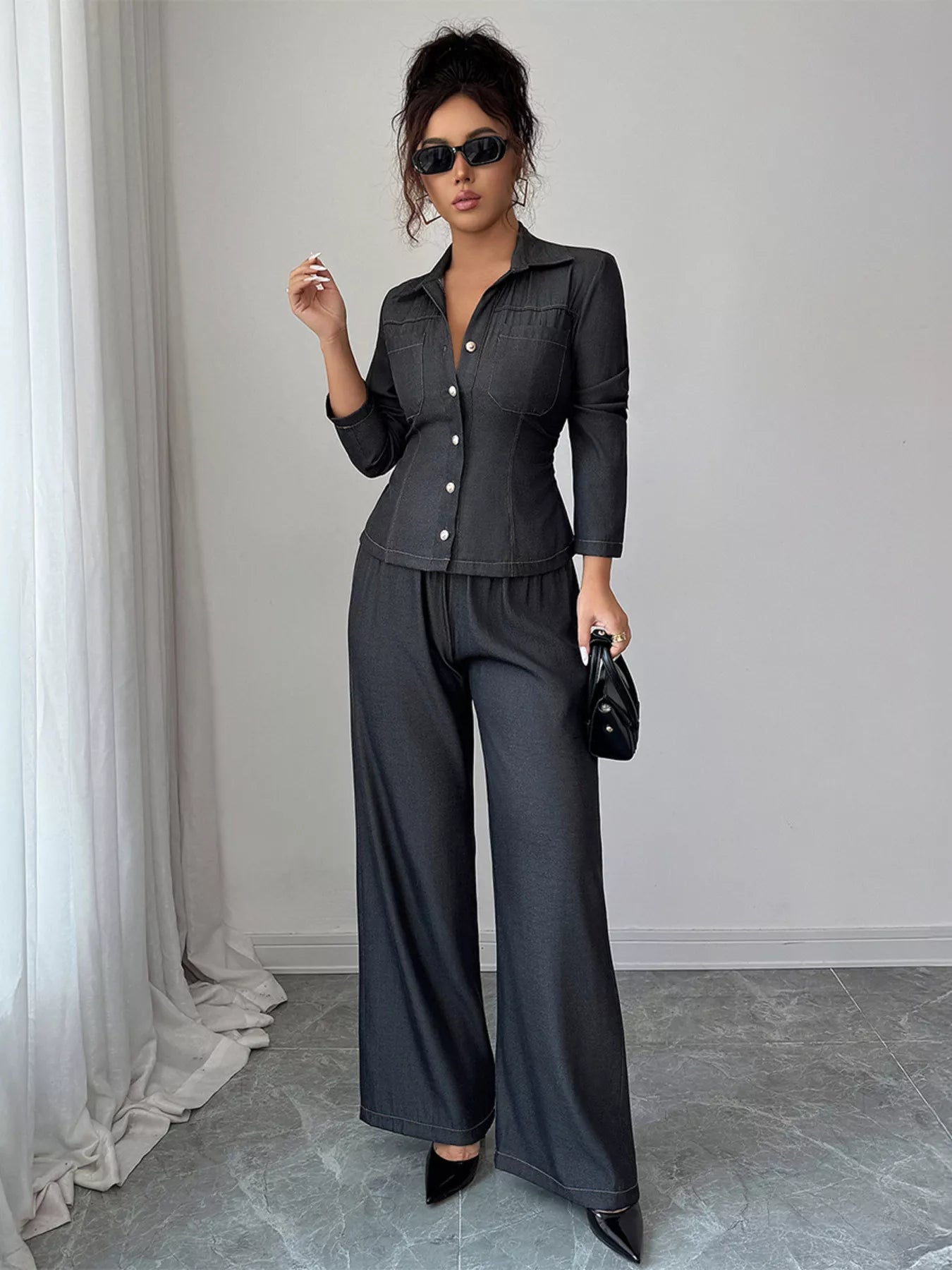 Button - Up Shirt & Wide Leg Pants Set - MAD RUFFI