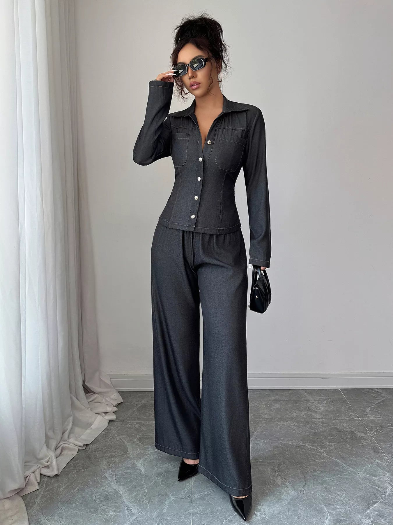 Button - Up Shirt & Wide Leg Pants Set - MAD RUFFI