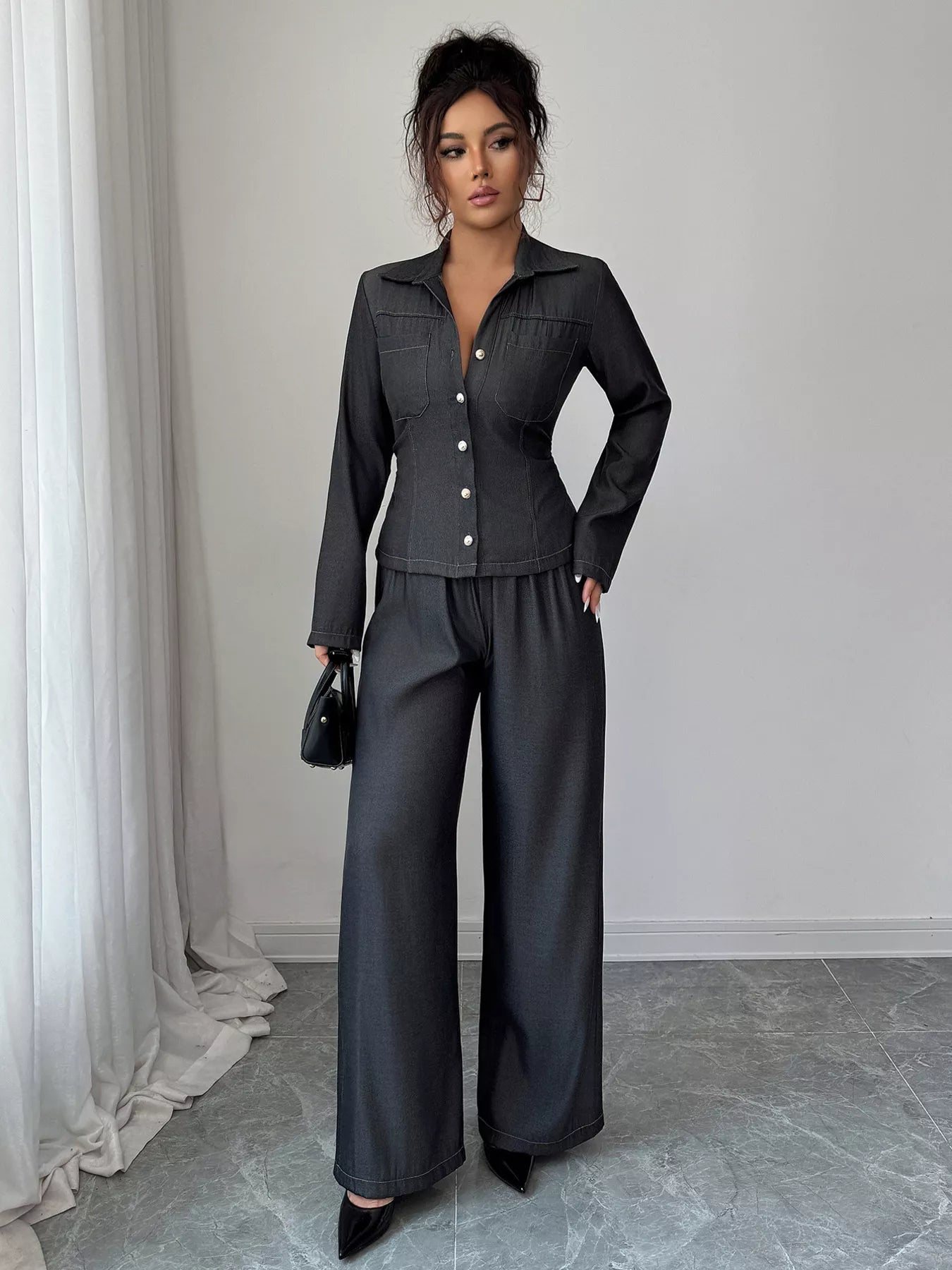 Button - Up Shirt & Wide Leg Pants Set - MAD RUFFI