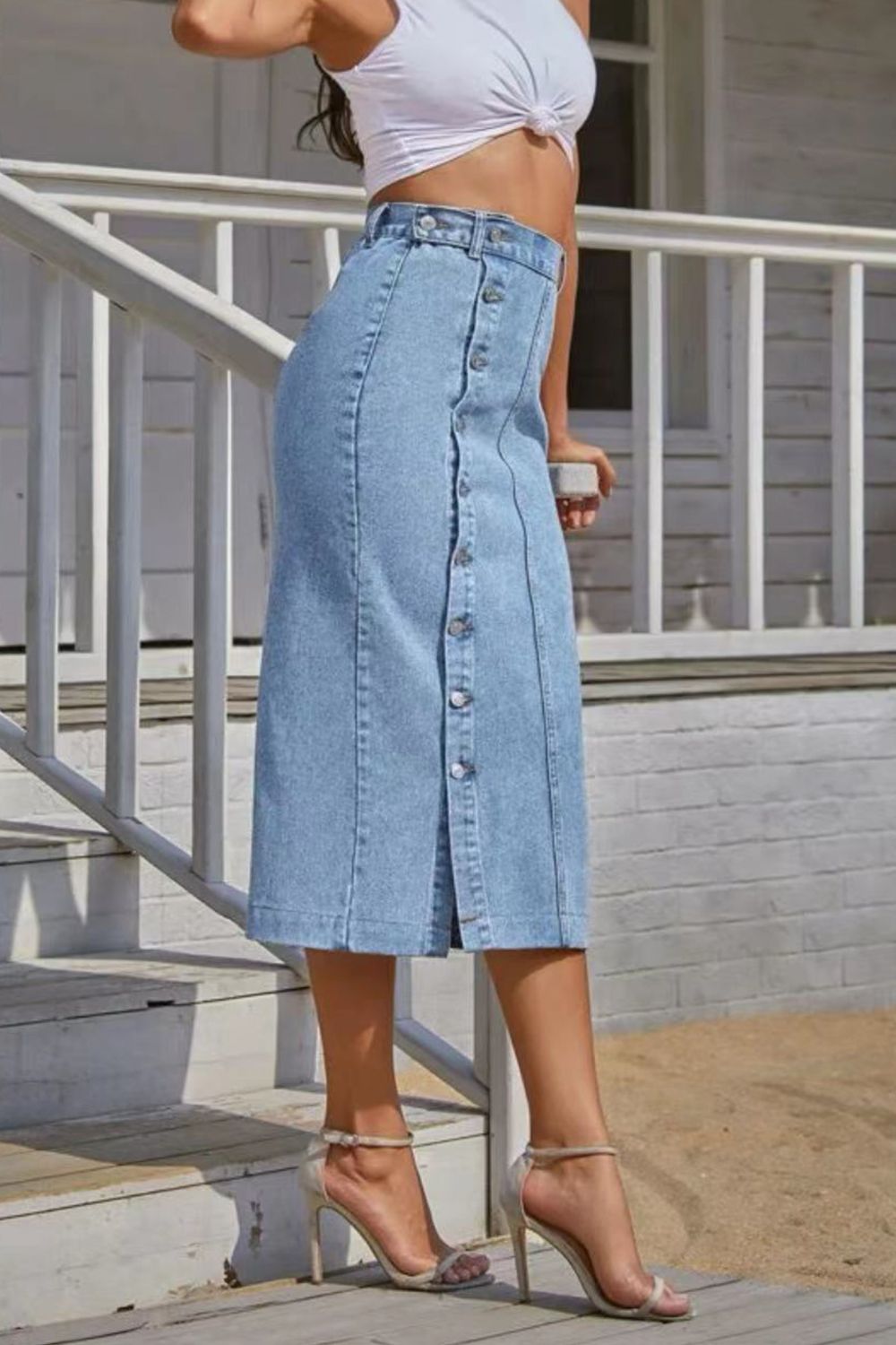 Buttoned Split Denim Skirt - MAD RUFFI