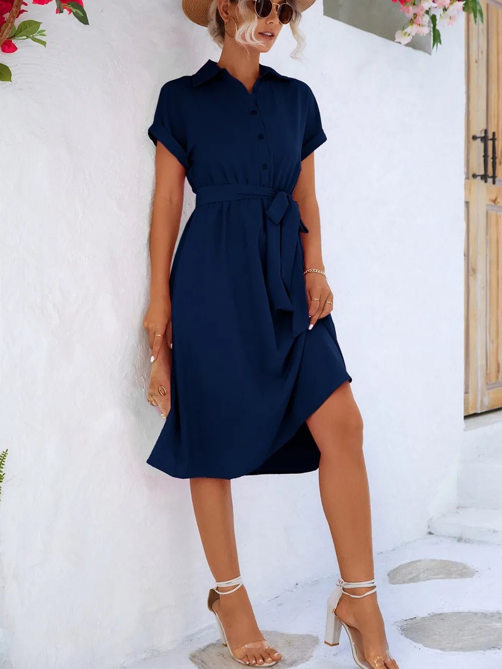 Buttoned Tie Waist Short Sleeve Dress - MAD RUFFI