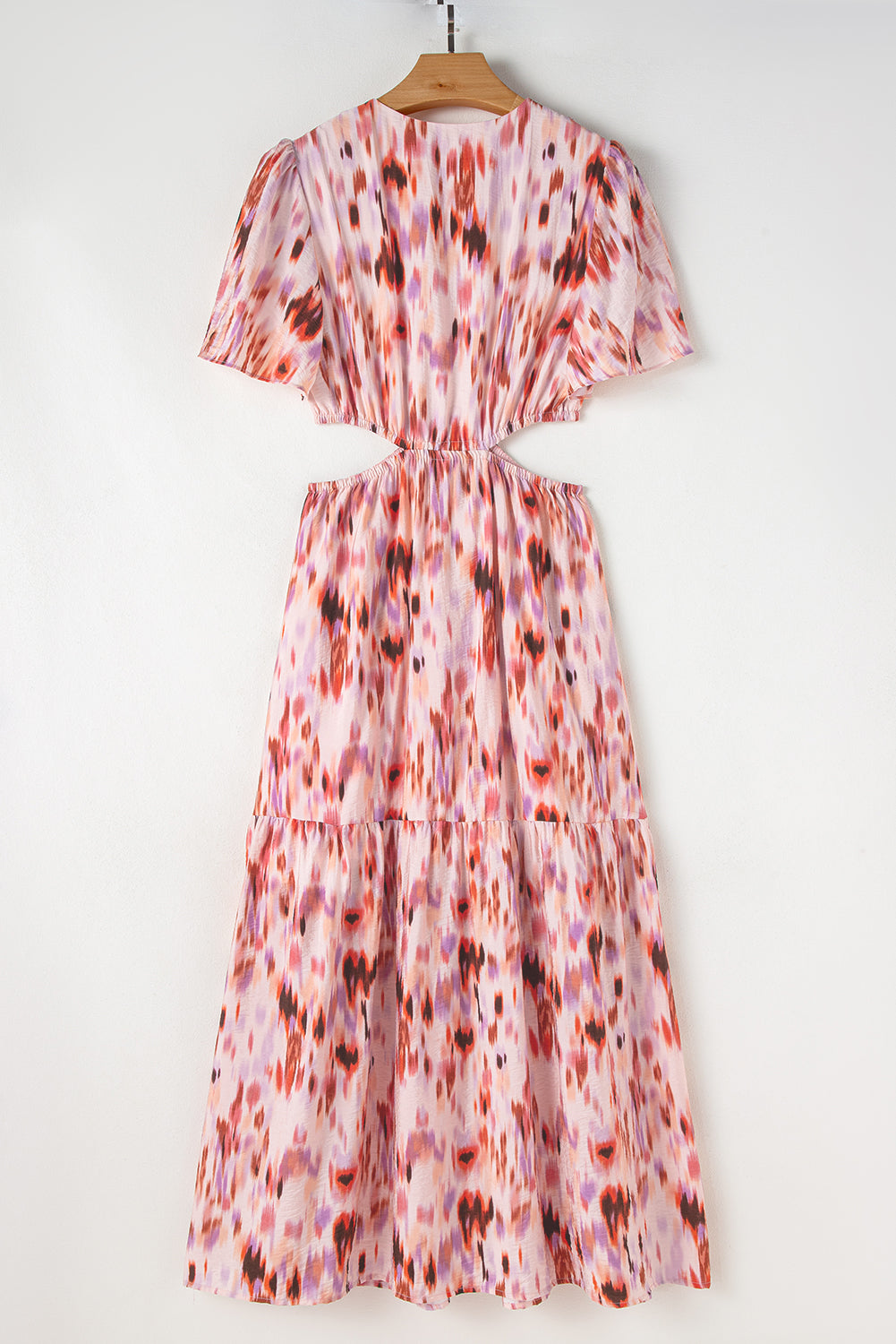 Pink Abstract Printed Flutter Sleeve Cutout Maxi Dress