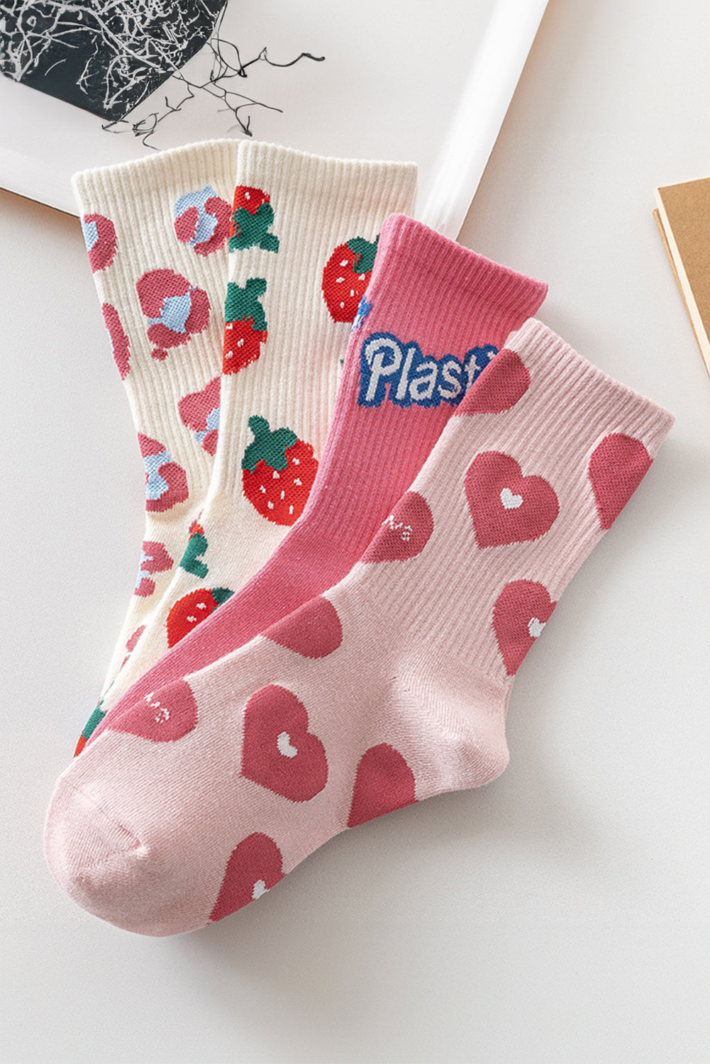 Light Pink Heart Print Ribbed Trim Soft Crew Socks for Comfort